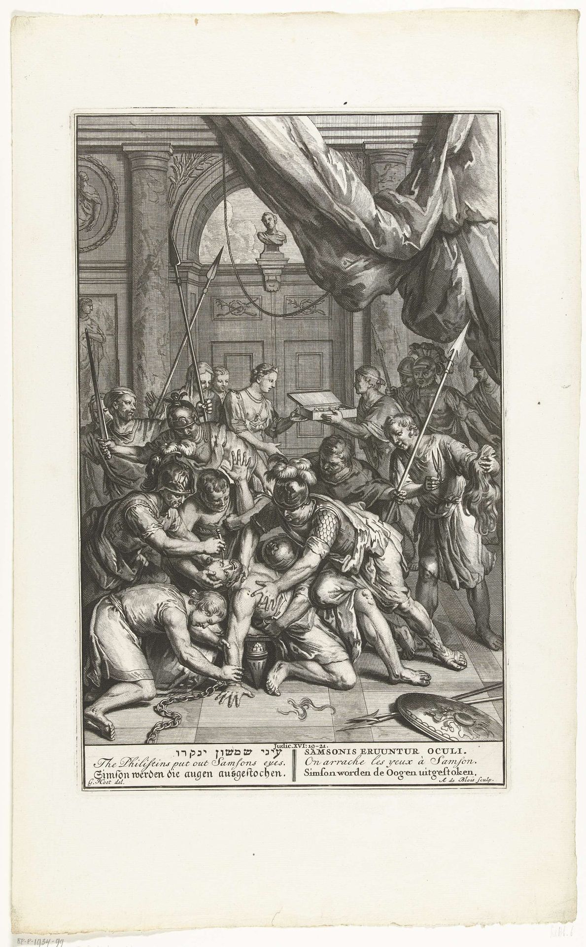 Filistijnen steken bij geketende Simson de ogen uit by Abraham de Blois