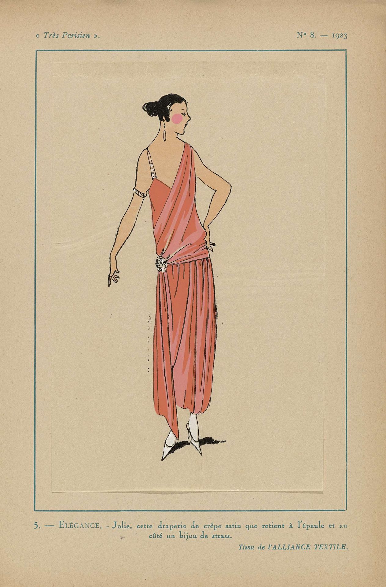 Très Parisien, 1923, No 8: 5. - ELÉGANCE. - Jolie, cette draperie de crêpe satin... by Anonymous