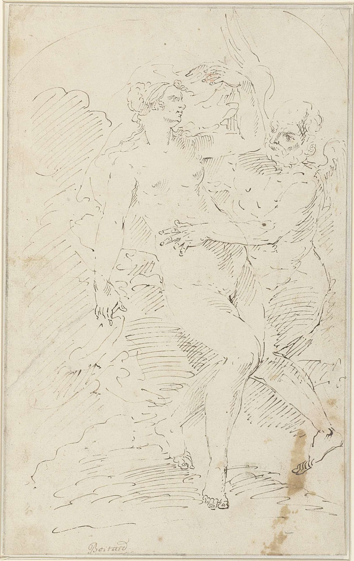 Gevleugelde grijsaard omvat naakte jonge vrouw by François Boitard