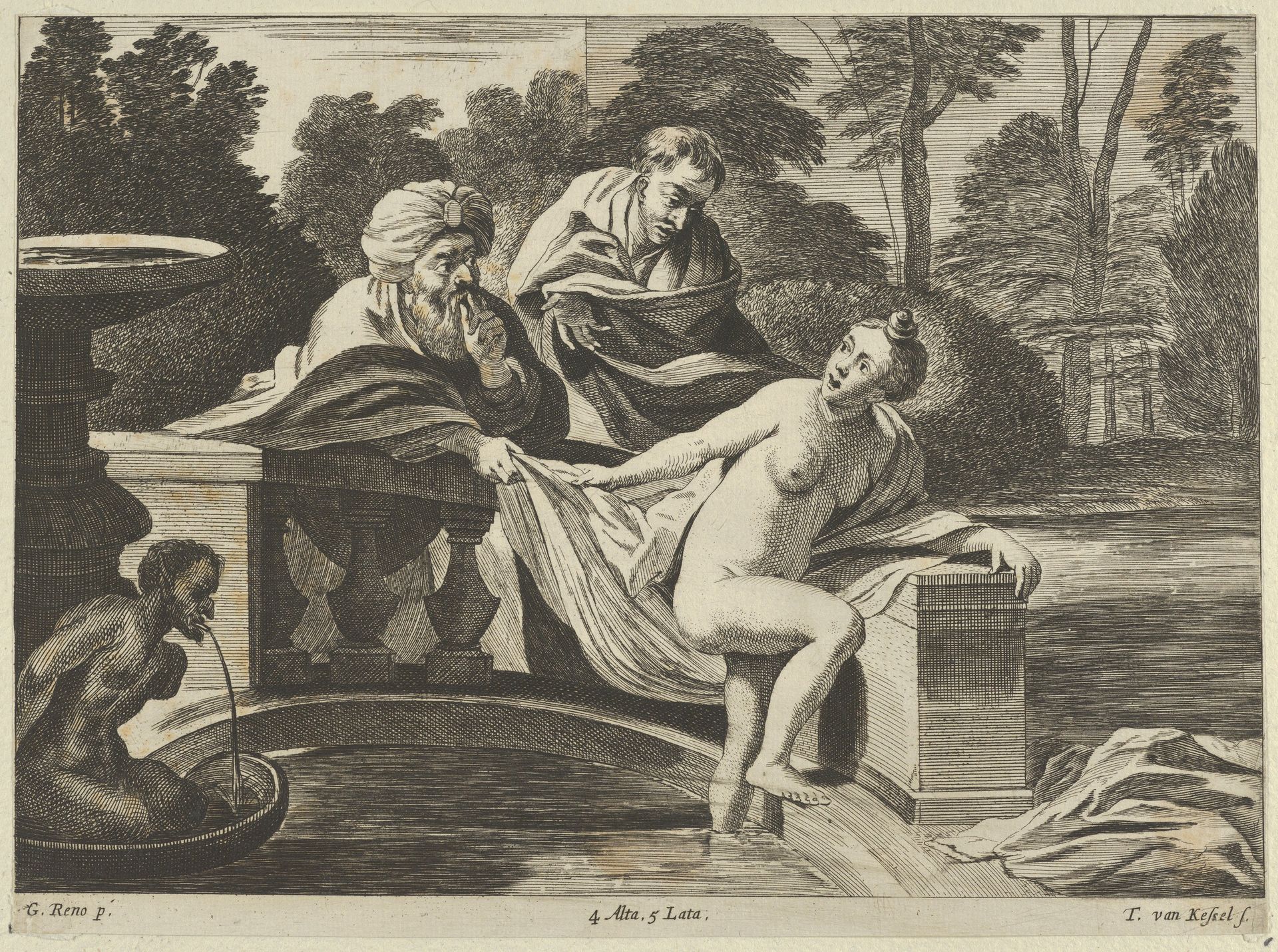 Susanna, partly naked and stepping out of a fountain with two elders at left, one of them pulling at her garment, after Reni by Theodorus van Kessel