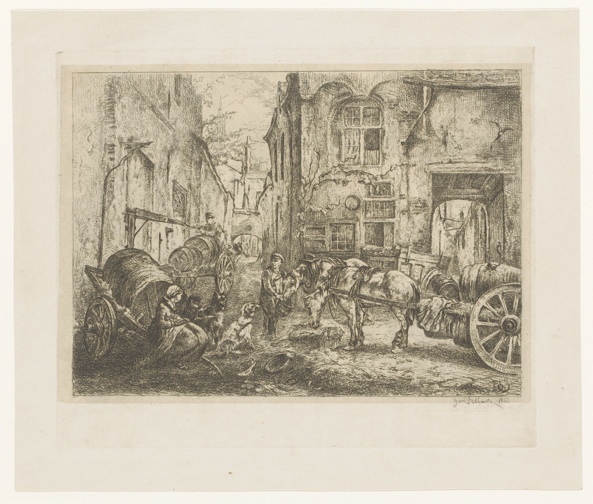 Stadsgezicht met figuren en wagens op een kruispunt by Jan Stobbaerts