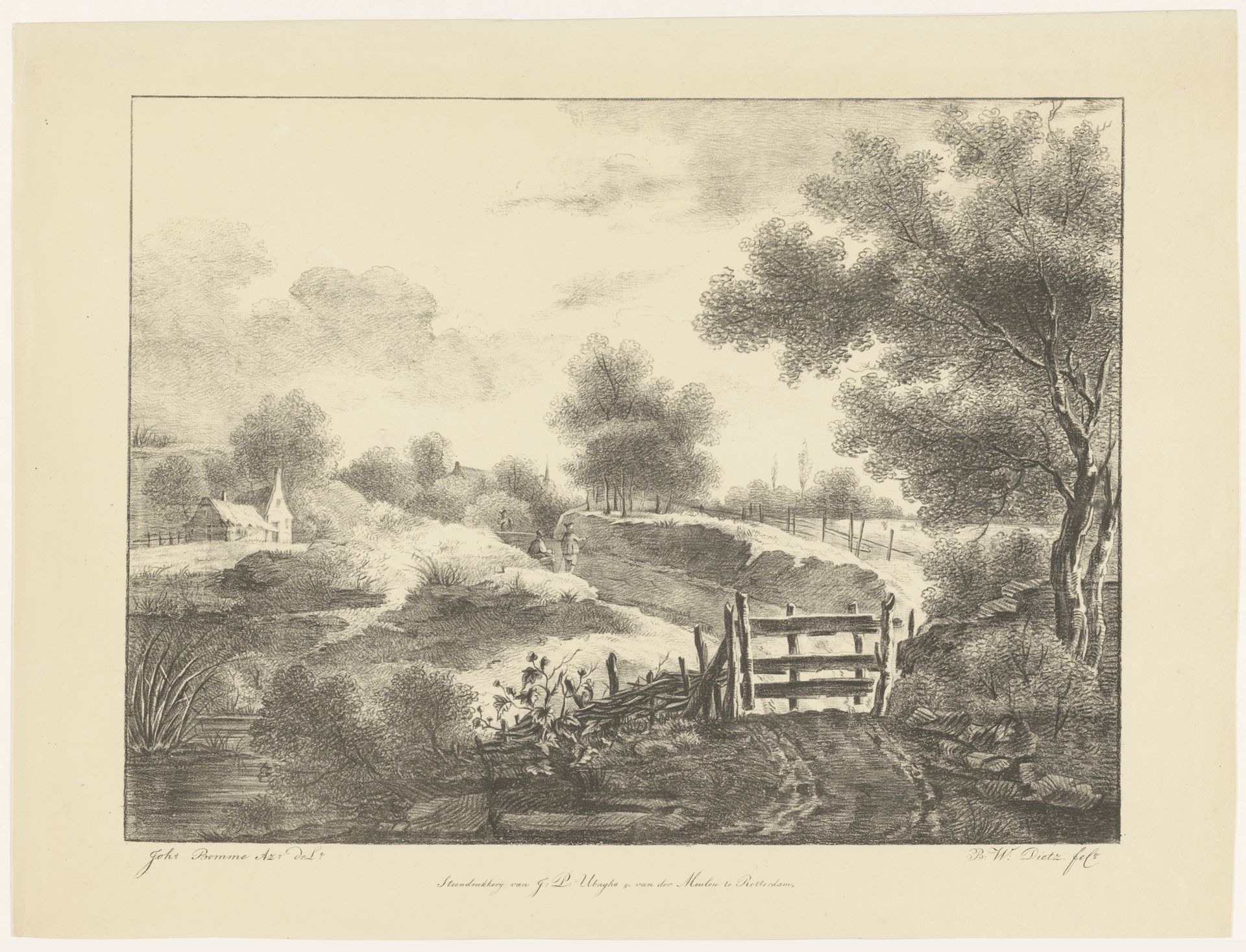 Landschap met huizen, beek en pad by Barentie Willem Dietz