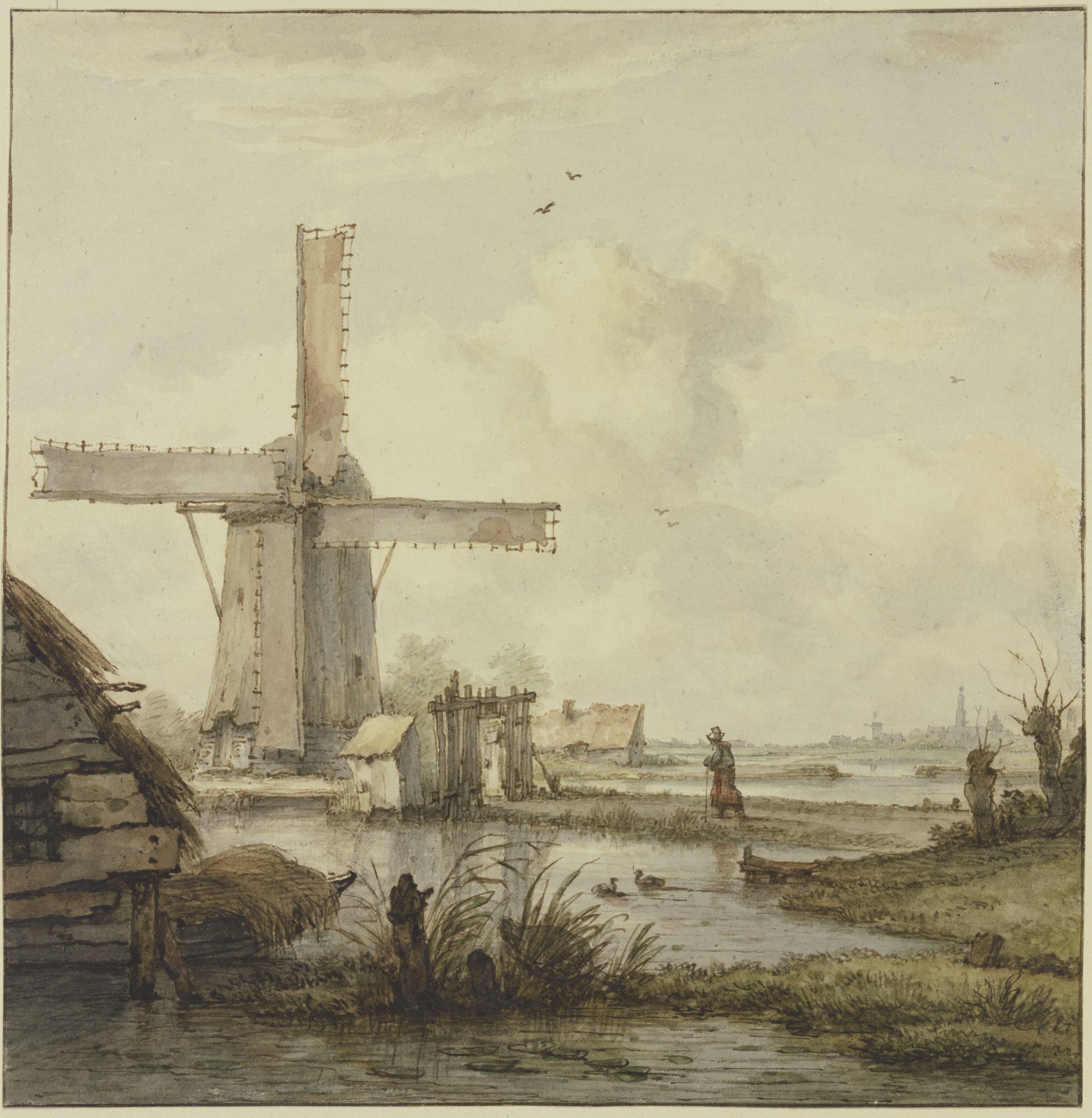 Windmühle vor einer Stadt mit hohem Turm, über einen abgegatterten Damm am Stock schreitend eine Frau by Jan Hulswit
