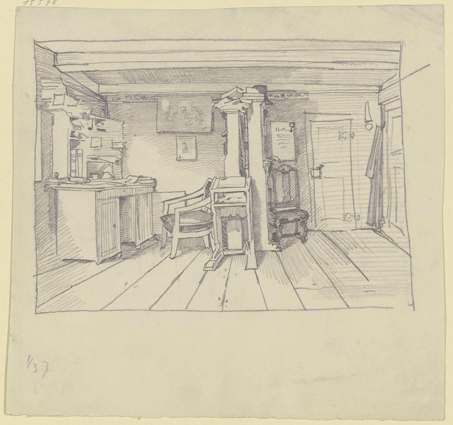 Zimmer mit Schreibtisch, Stehpult und Bücherregalen by Wilhelm Busch