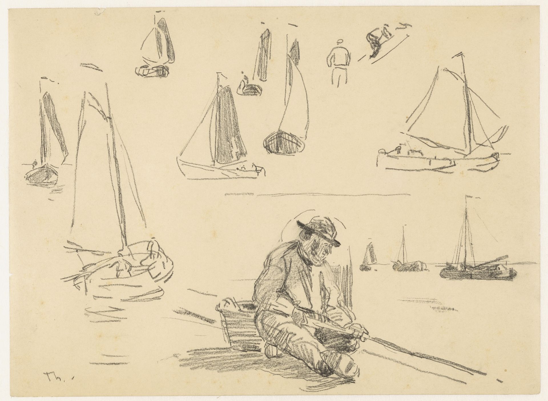 Studieblad met diverse zeilschepen en een visser by Willem Bastiaan Tholen