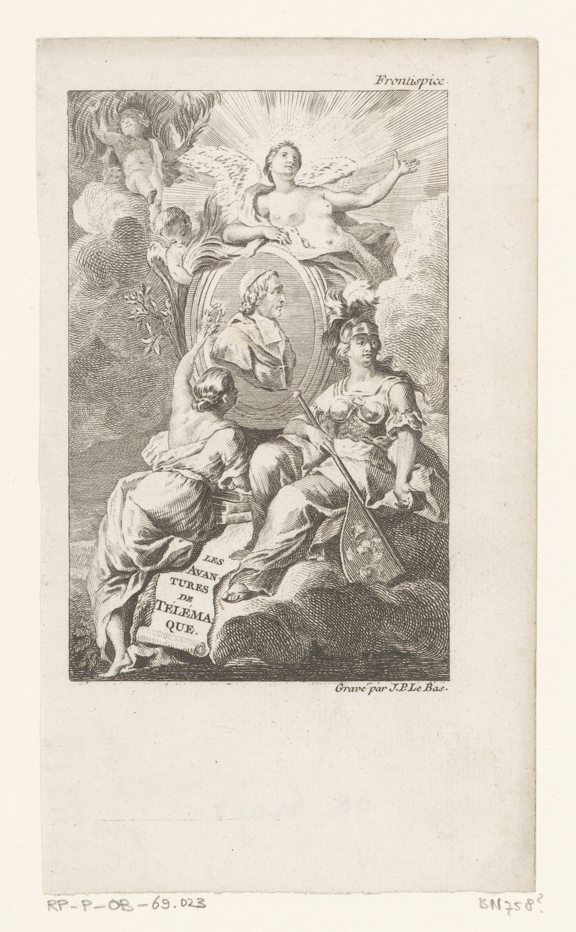 Minerva gezeten op een wolk met engelen en een portretmedaillon by Jacques Philippe Le Bas