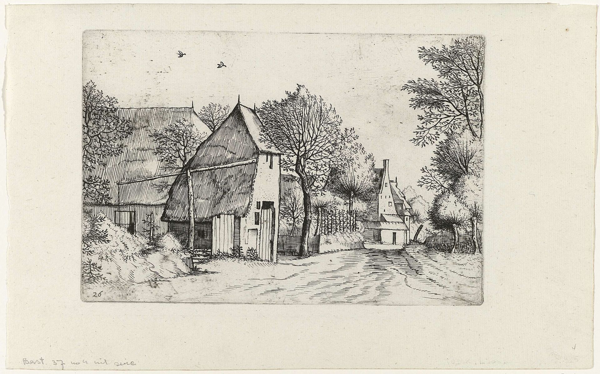 Landschap met boerderijen en waterpomp by Johannes of Lucas van Doetechum
