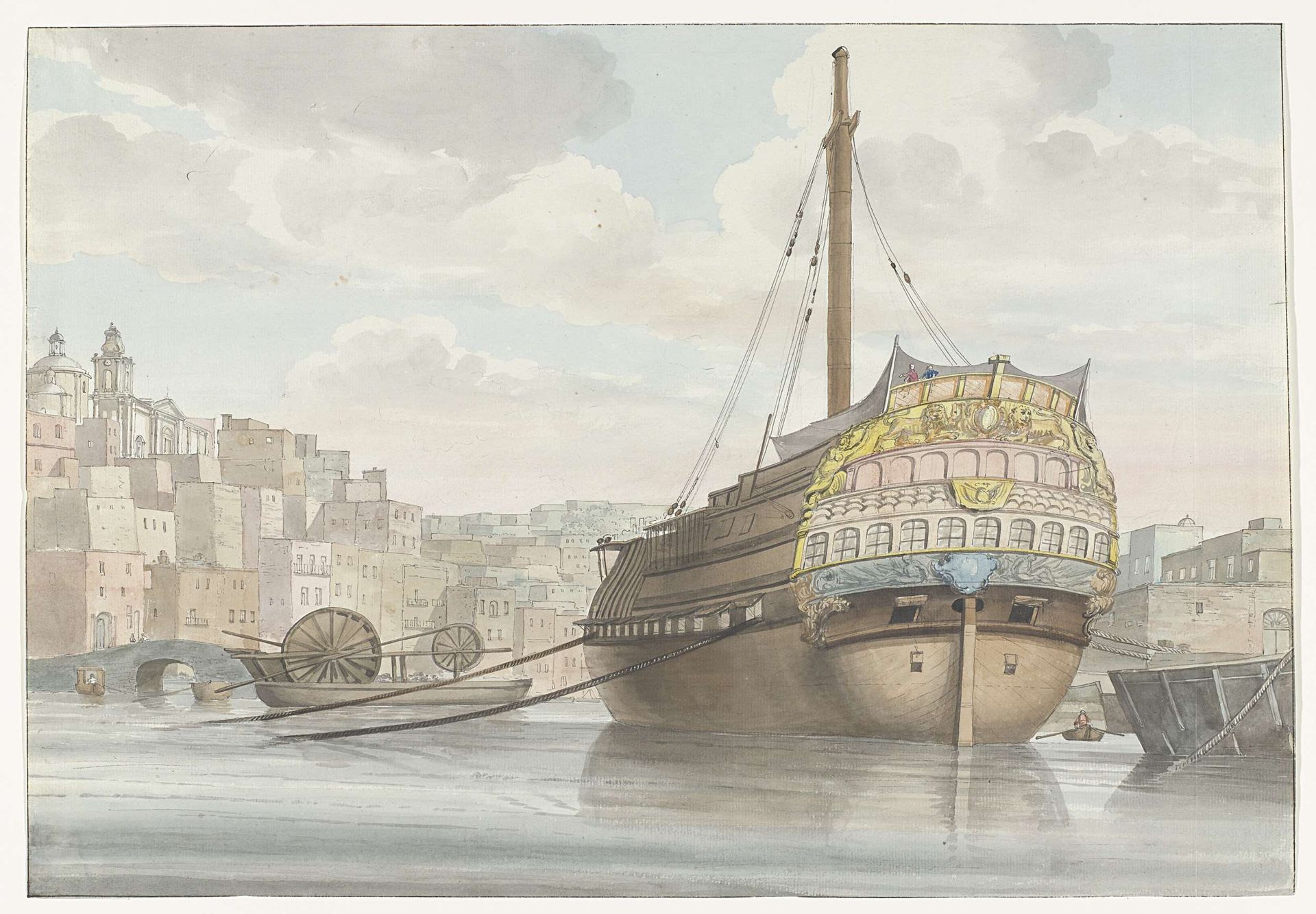 Gezicht op haven met galei schip vlakbij de werf by Louis Ducros