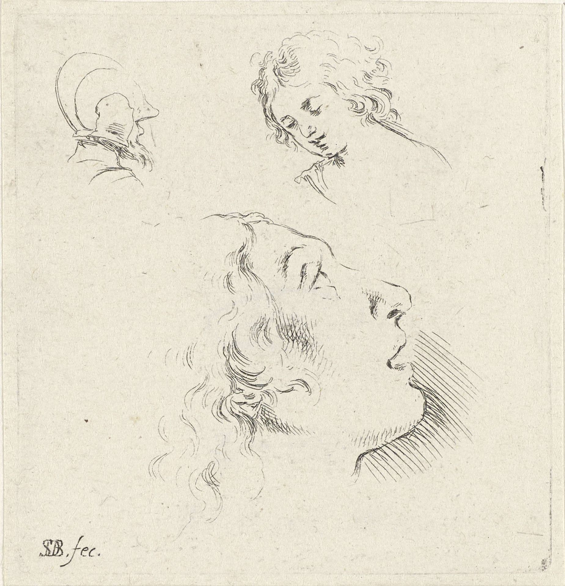 Twee hoofden van vrouwen en het hoofd van een soldaat by Stefano della Bella