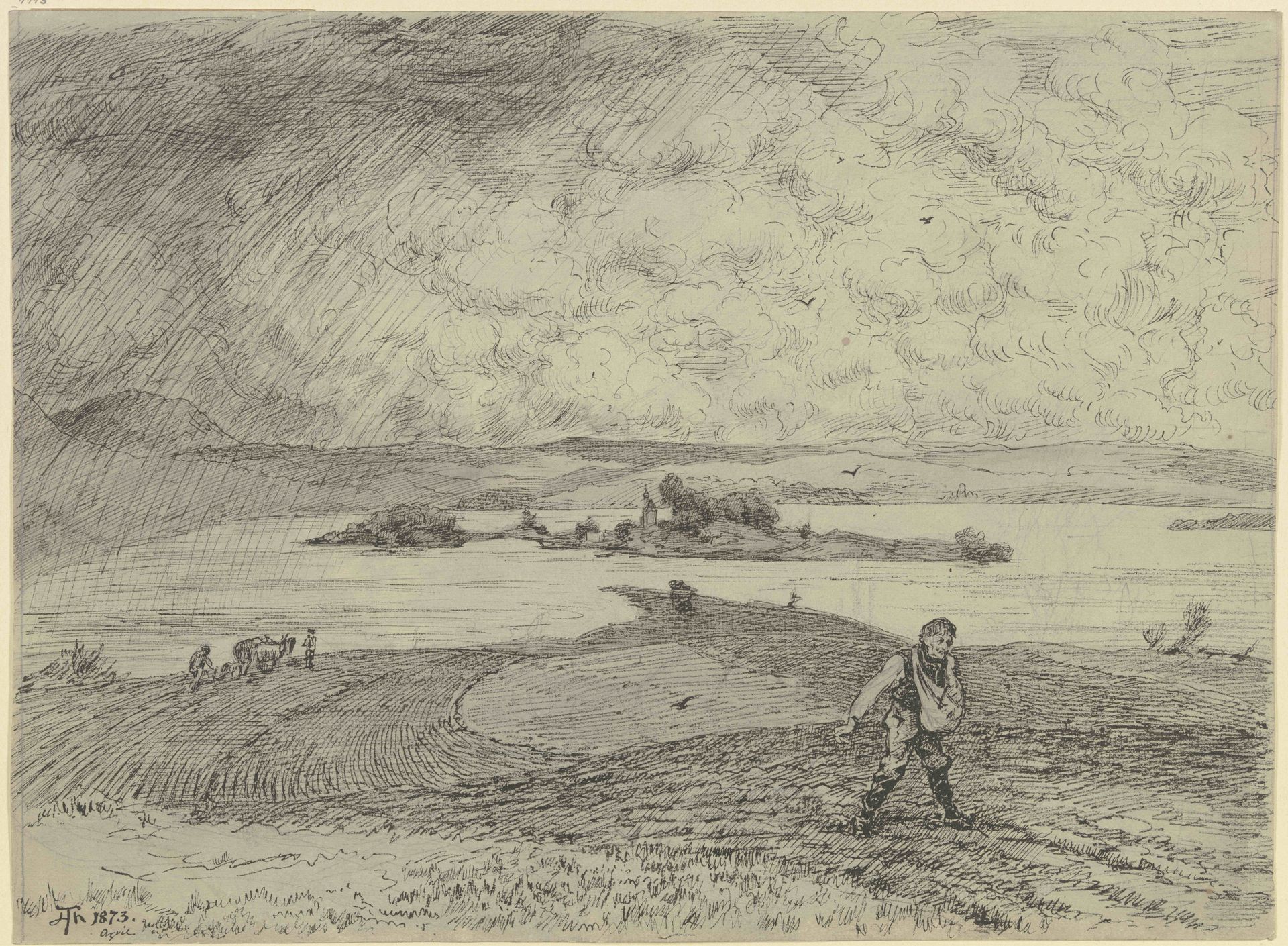 Landschaft mit Sämann, im Hintergrund ein See mit Insel by Hans Thoma