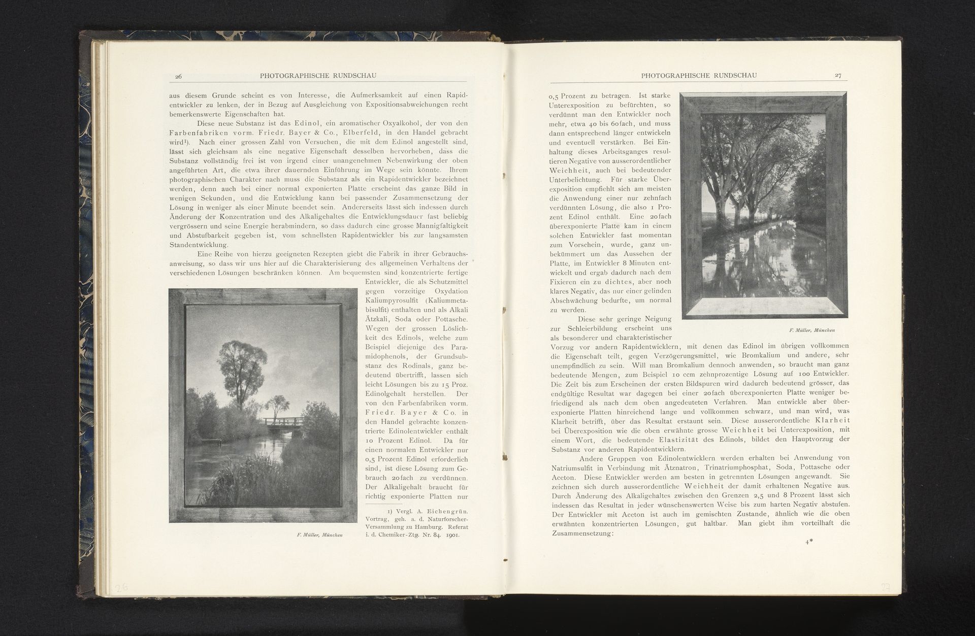 Ingelijst gezicht op een landschap met bomen en een sloot by F. Müller