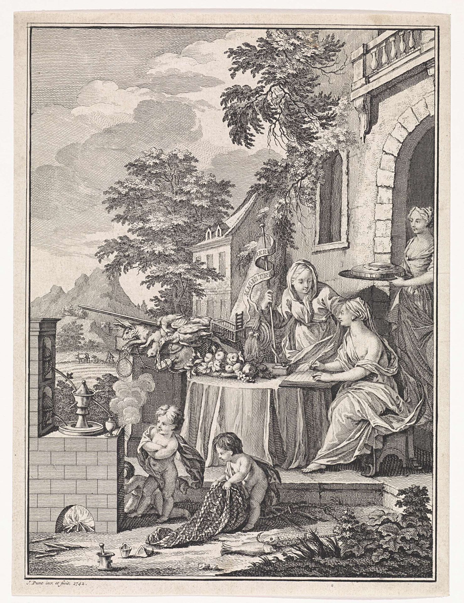 Twee vrouwen rond een tafel bij een landhuis by Jan Punt