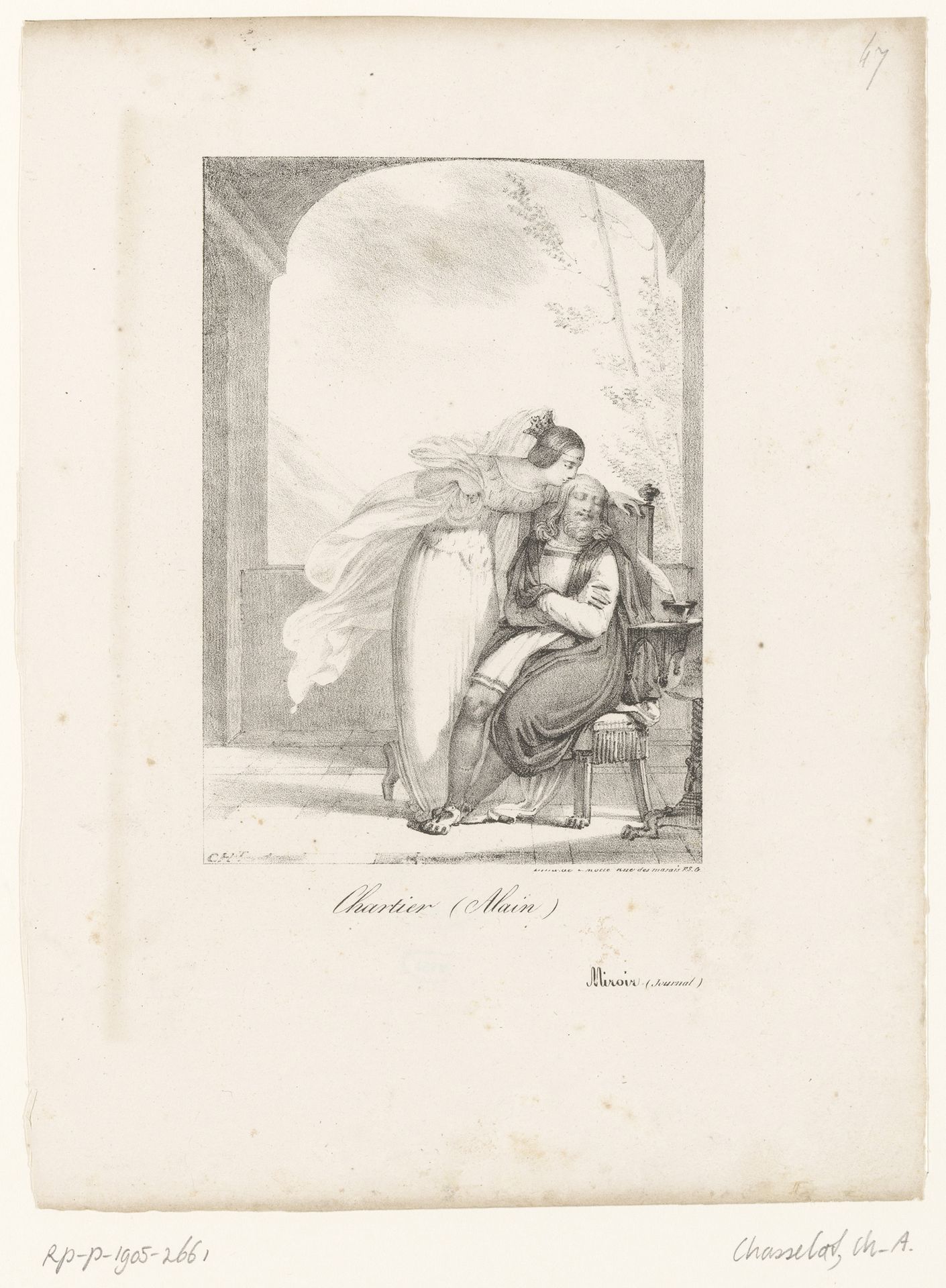 Slapende Alain Chartier wordt gekust door een prinses by Charles Abraham Chasselat