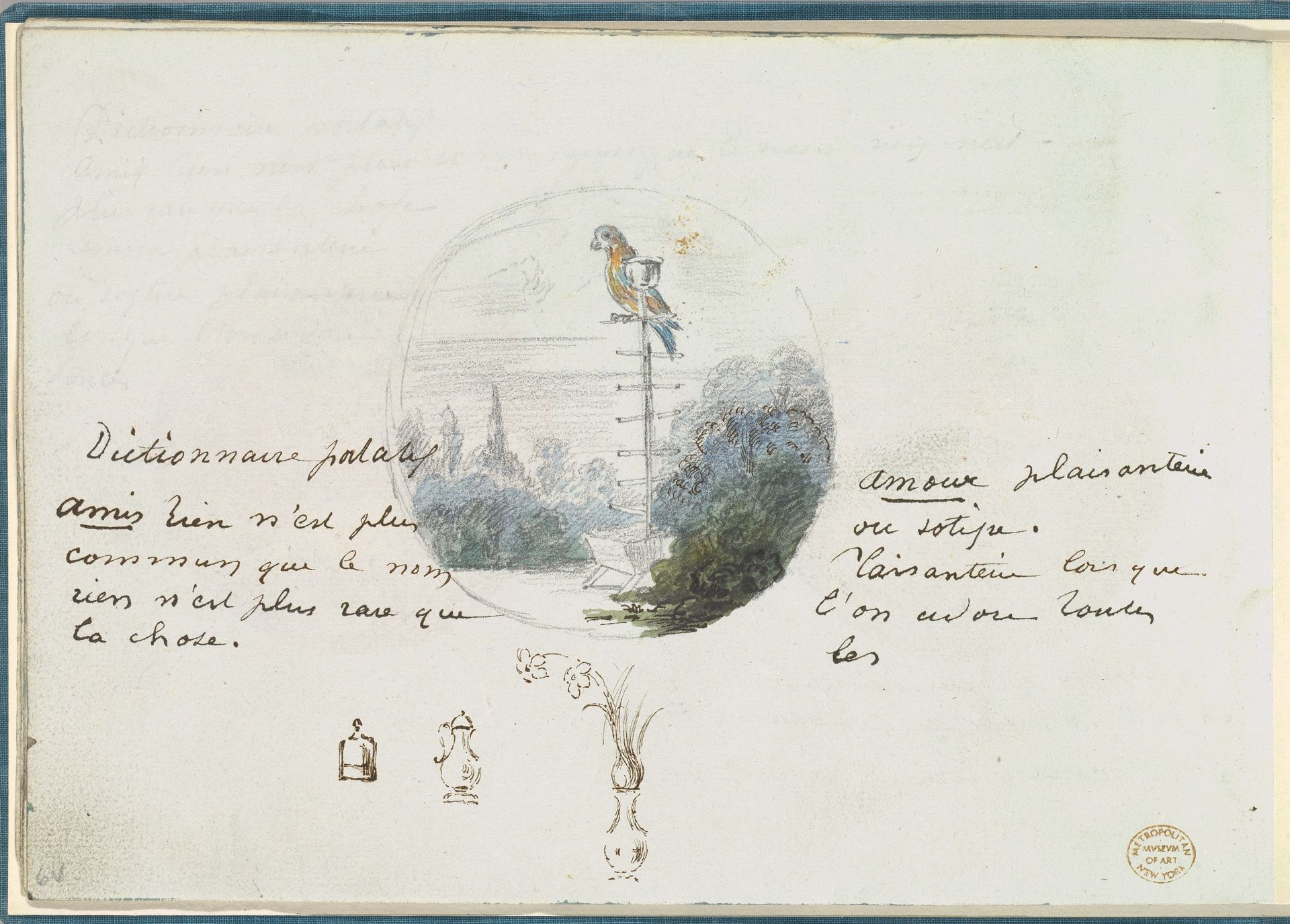 Roundel with Bird in a Landscape and Small Sketches by Anonymous