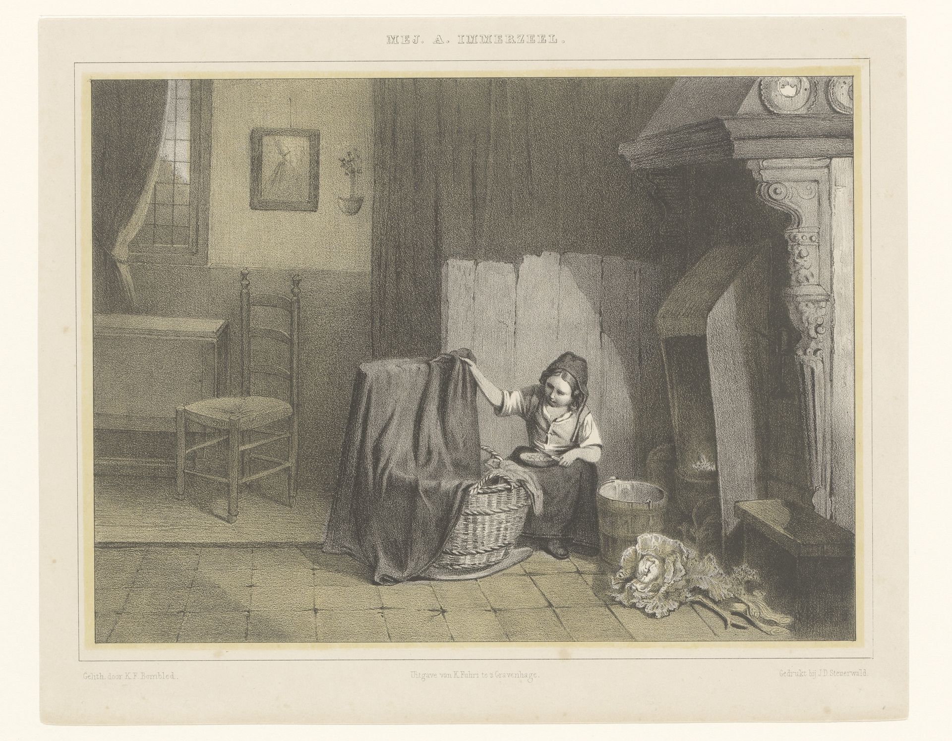 Interieur met een meisje bij de wieg by Karel Frederik Bombled