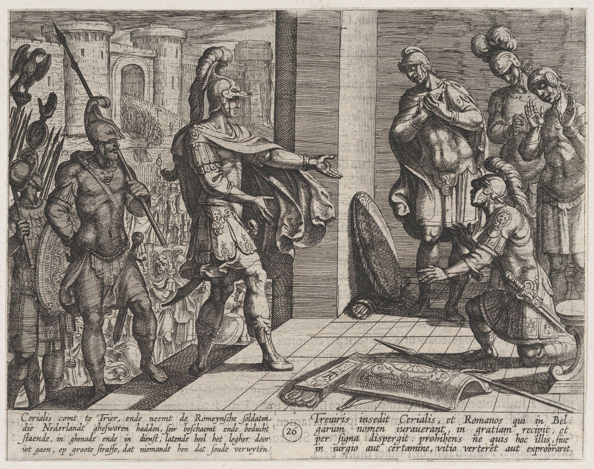 Plate 26: Cerialis Pardons and Relieves Roman Soldiers who had Helped Civilis, from The War of the Romans Against the Batavians (Romanorvm et Batavorvm societas) by Antonio Tempesta