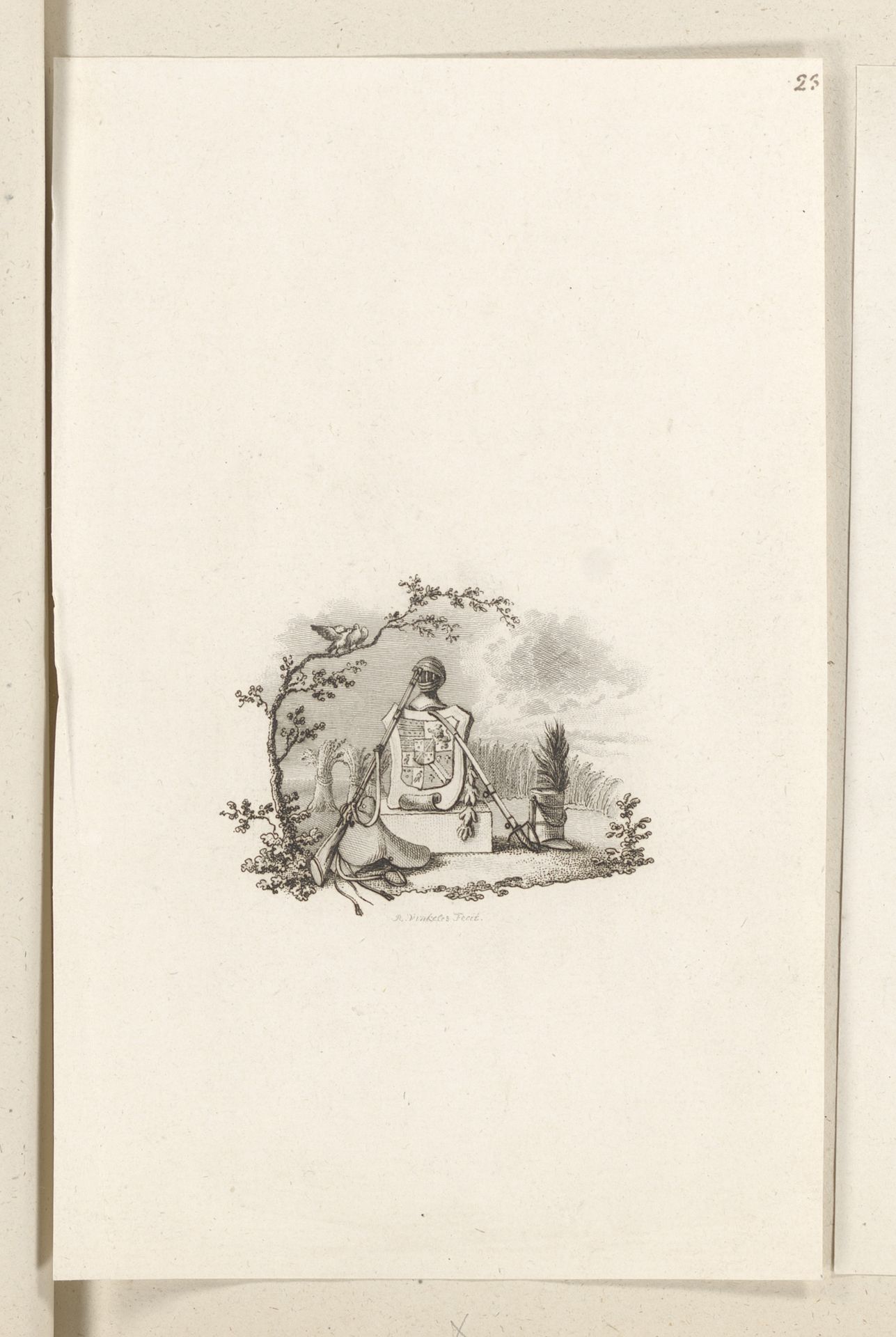Landschap met wapenschild en militaire symbolen by Reinier Vinkeles