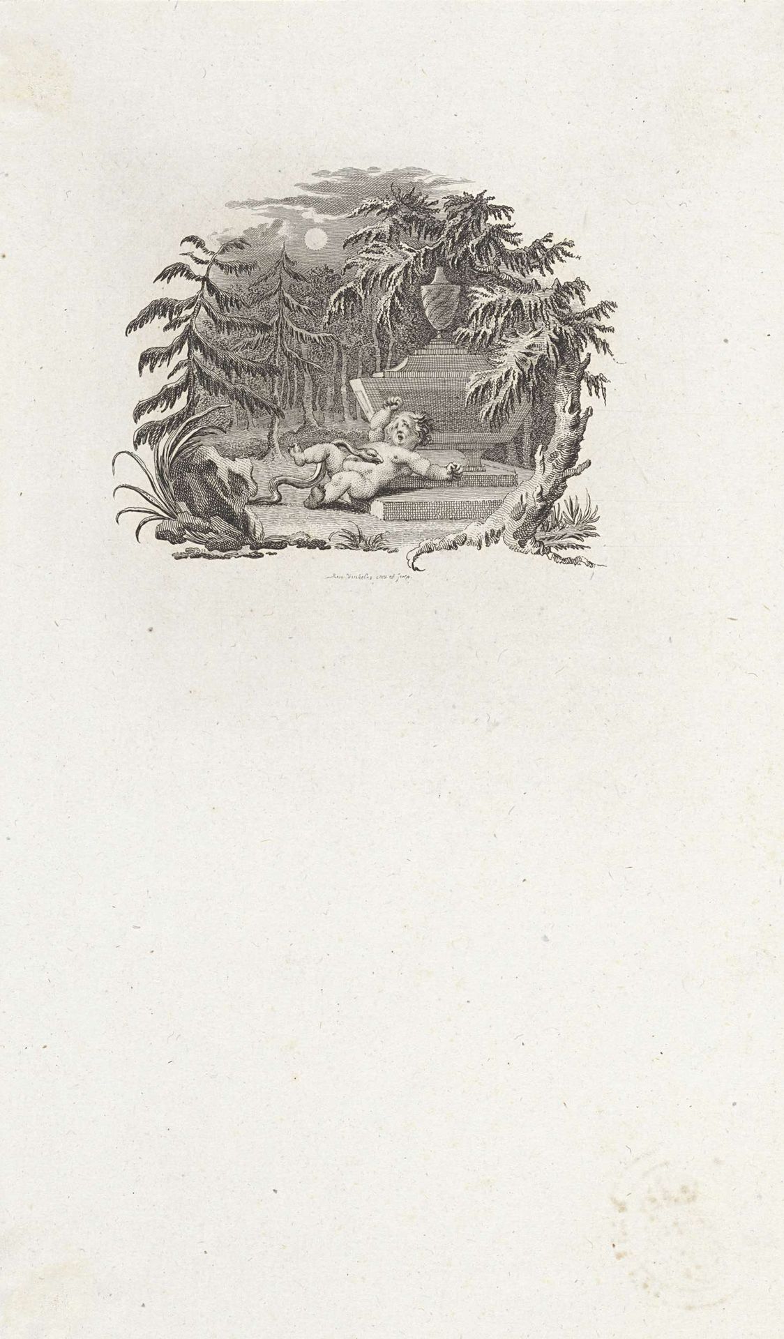 Vignet met een putto die bij een graf in het bos wordt aangevallen door een slang by Reinier Vinkeles