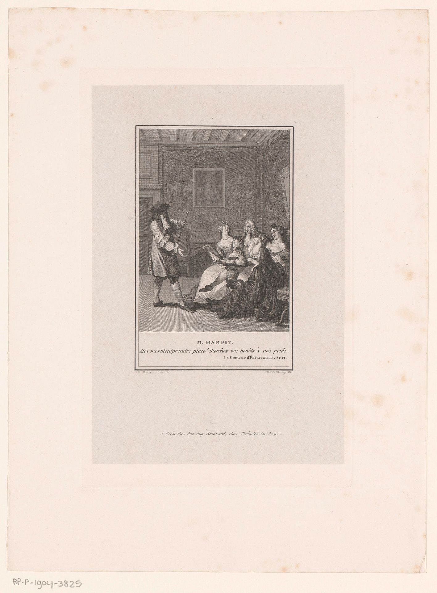 Interieur met zittend galant gezelschap, één man staat voor hen by Jean-Baptiste-Blaise Simonet