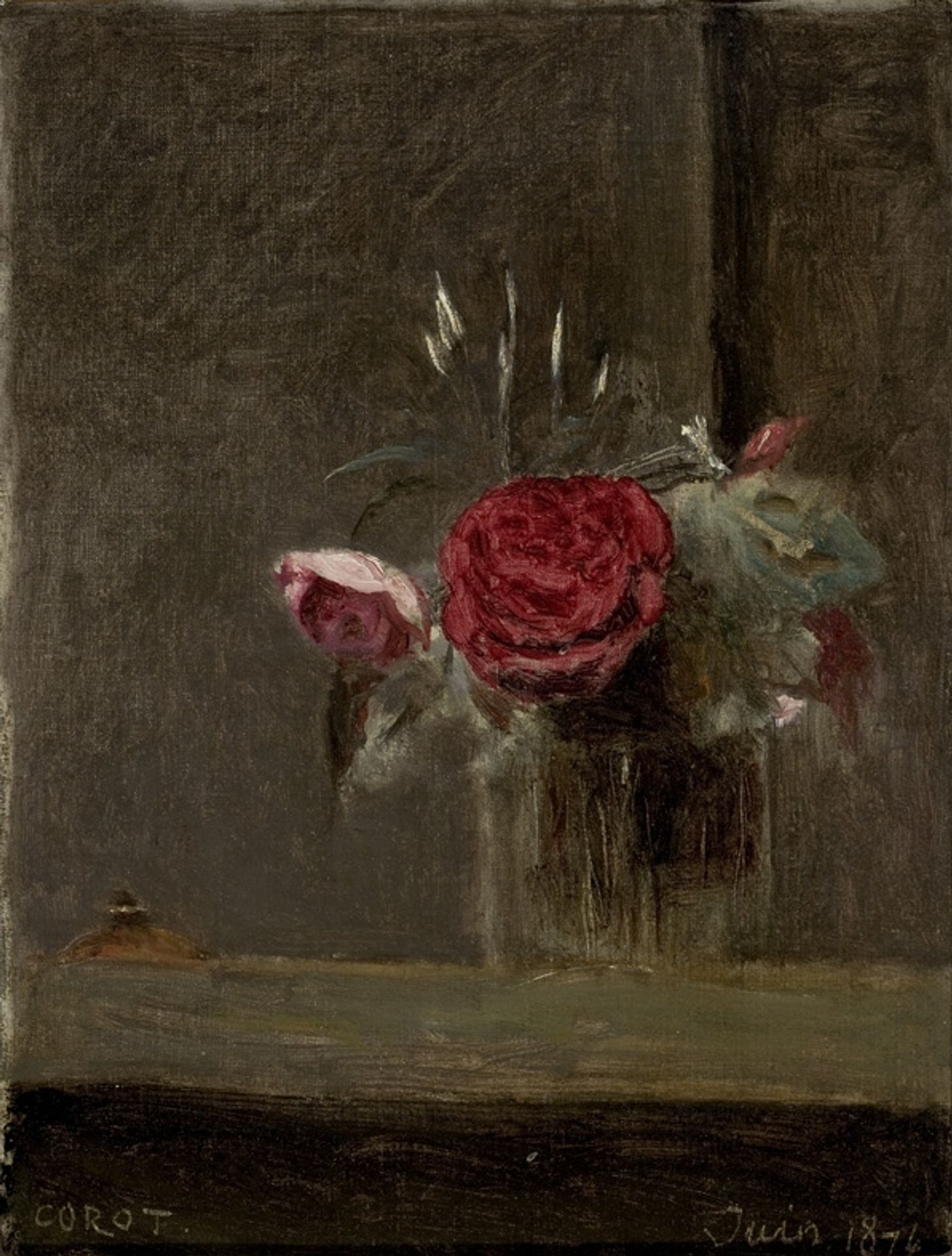 Roses in a Glass by Camille Corot