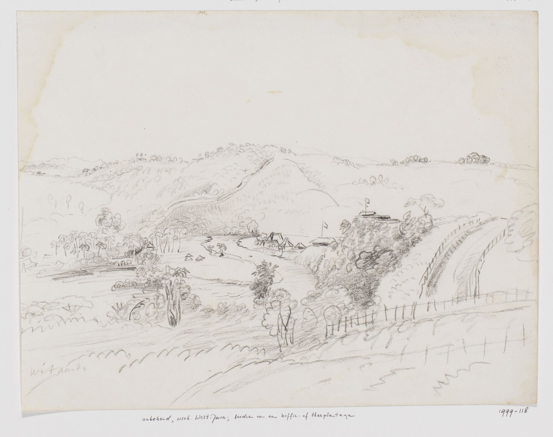Landschap met dorpje aan een rivier, West-Java by Adrianus Johannes Bik