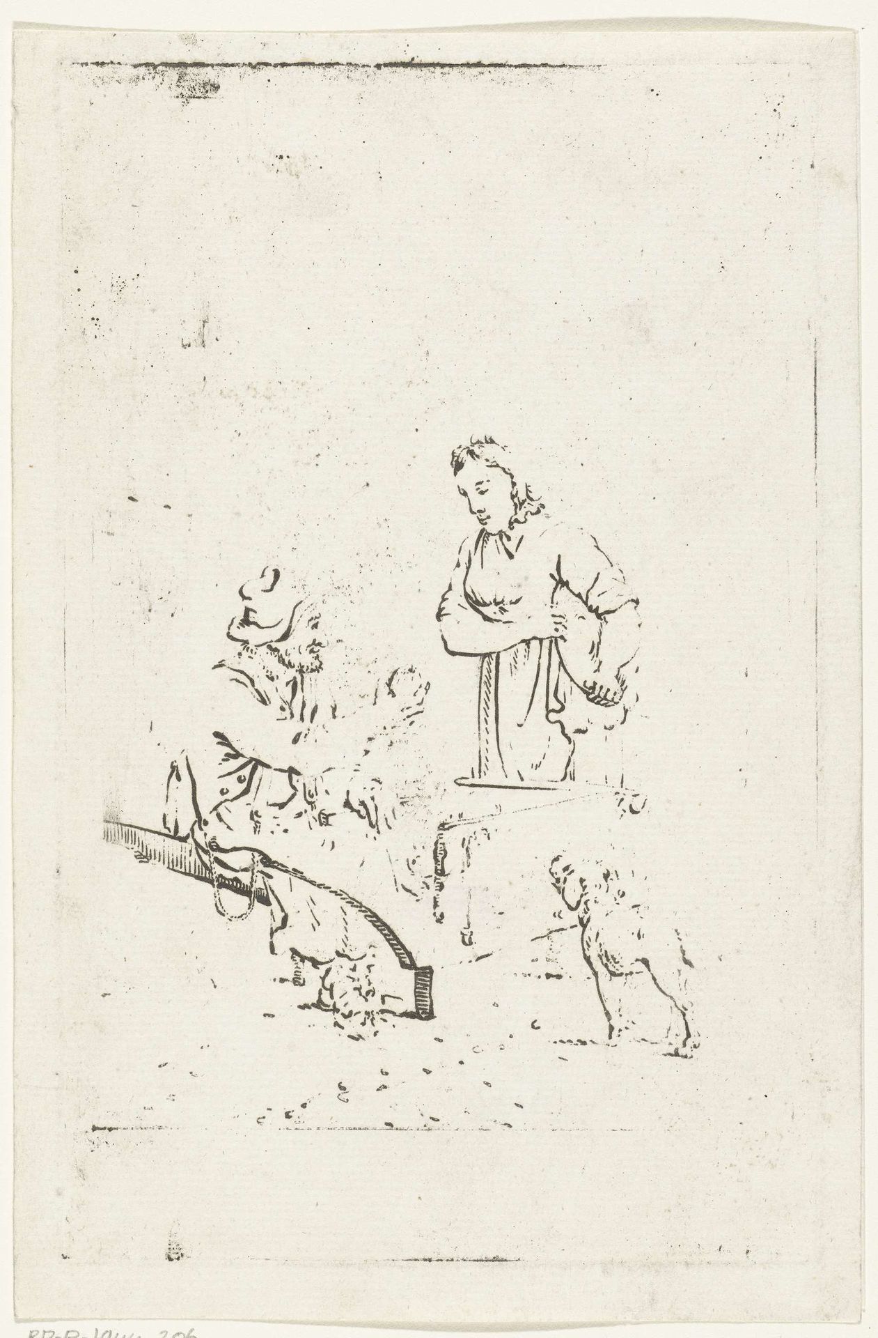 Man met kruiwagen biedt vrouw fruit aan by Pieter (IV) Barbiers