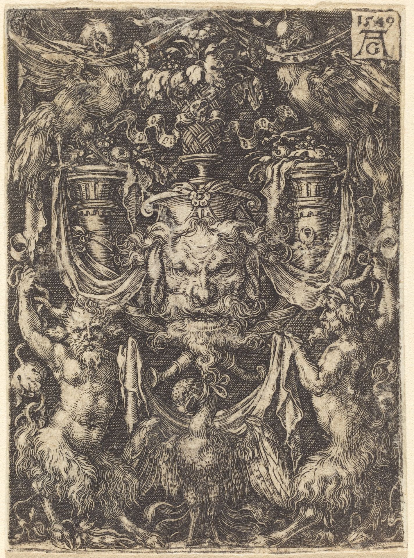 Ornament with Mask, Eagle between Satyrs Below by Heinrich Aldegrever