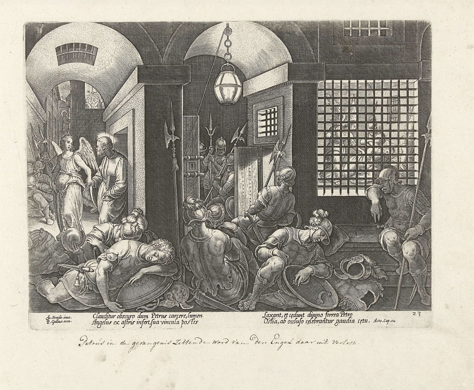 Petrus wordt door de engel uit de gevangenis bevrijd by Philips Galle