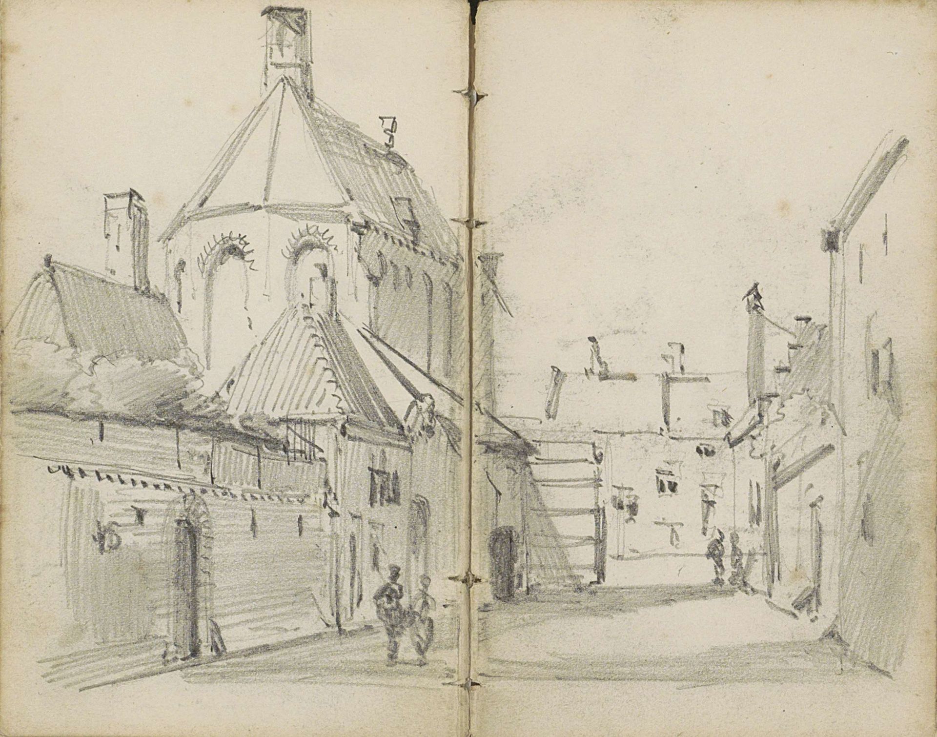 Dorpsstraat met een kerk en figuren by Willem Koekkoek
