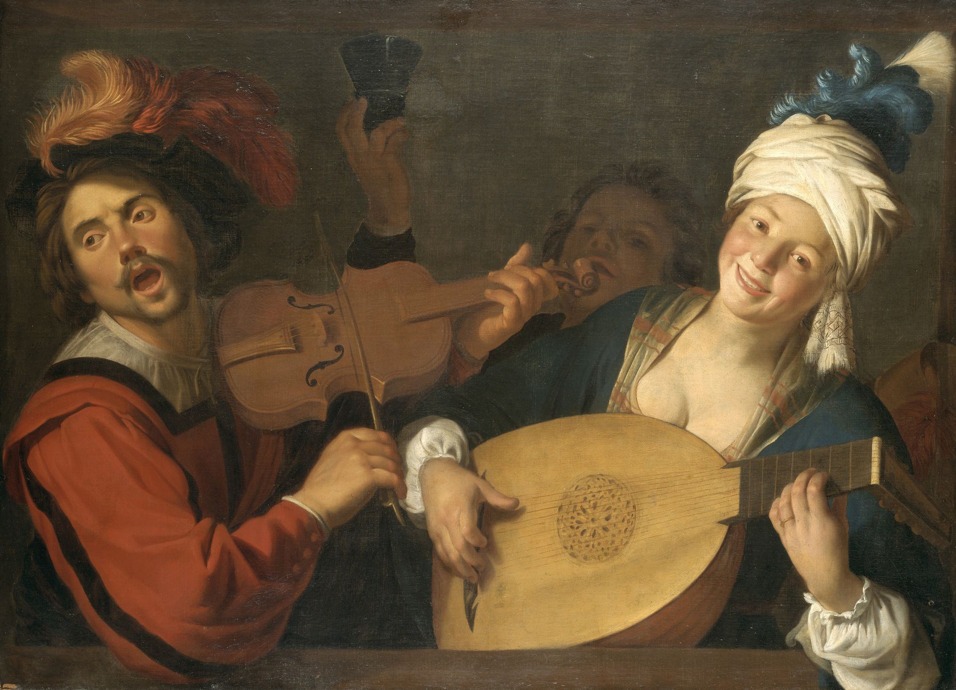 A Merry Group Behind a Balustrade with a Violin and a Lute Player by Gerard van Honthorst