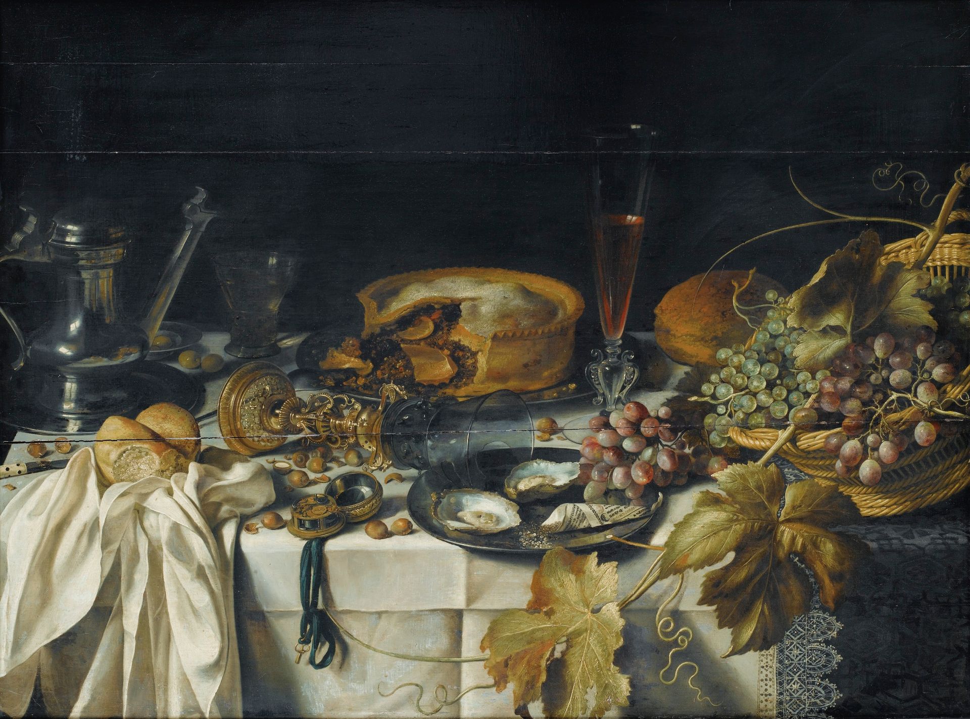 Still Life with a Pie, Basket of Grapes, Pitcher and Watch by Pieter Claesz