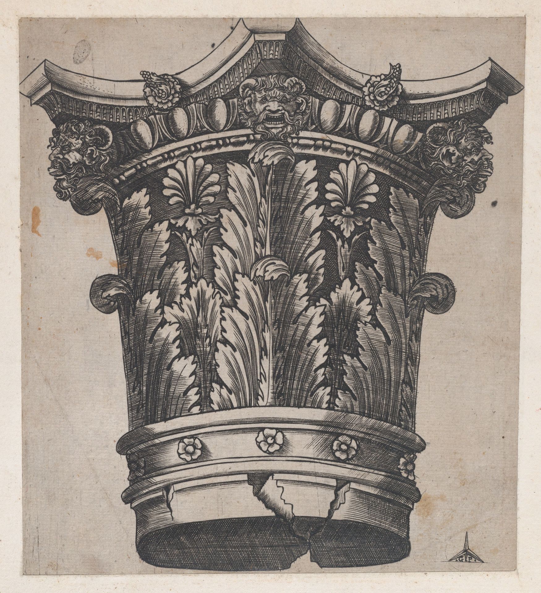 Speculum Romanae Magnificentiae: Capital with heads and masks by Monogrammist G.A. & the Caltrop