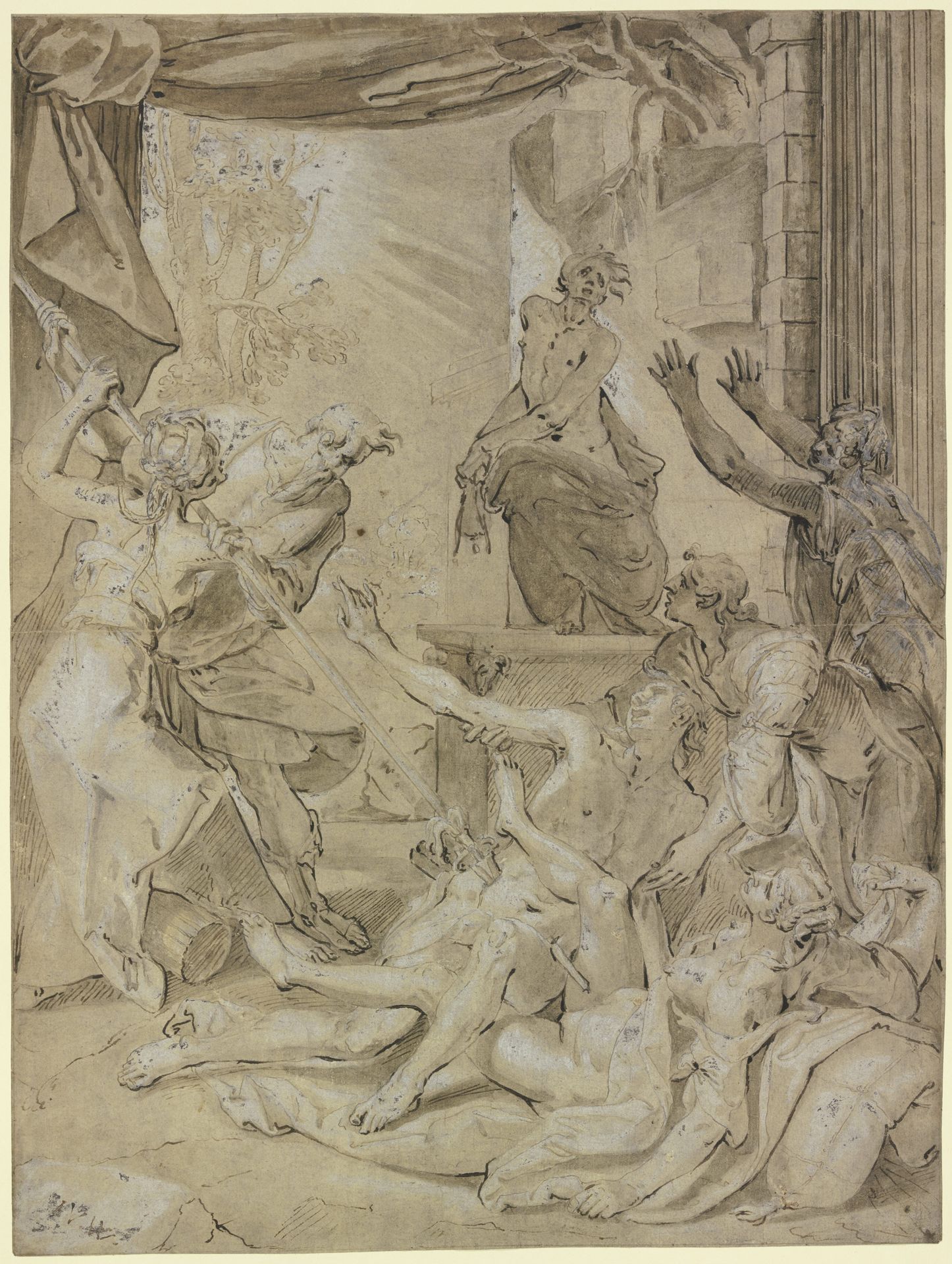 Pinhas durchbohrt Simri und Kosbin auf ihrem Liebeslager mit seinem Speer und beendet die Plage by Jodocus van Winghe