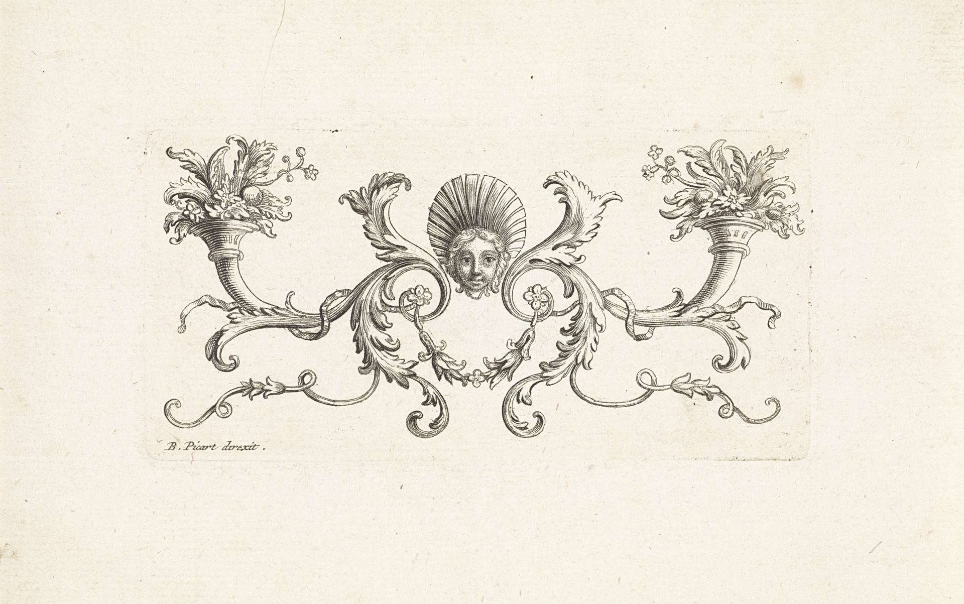 Ornament met een mascaron omgeven door bladranken twee hoorns met planten en bloemen by Bernard Picart