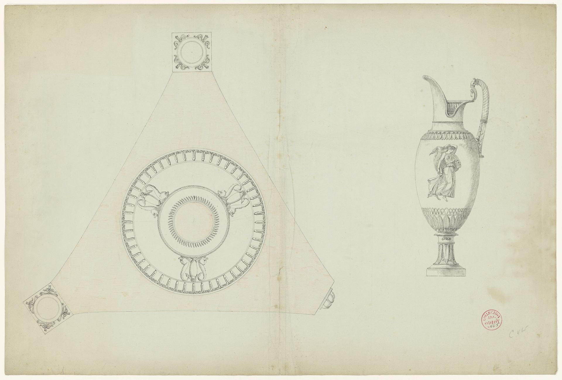 Ontwerp voor een kan en een schaal, de laatste geplaatst in de driehoekige bovenzijde van een houten standaard by Jean-Baptiste-Claude Odiot
