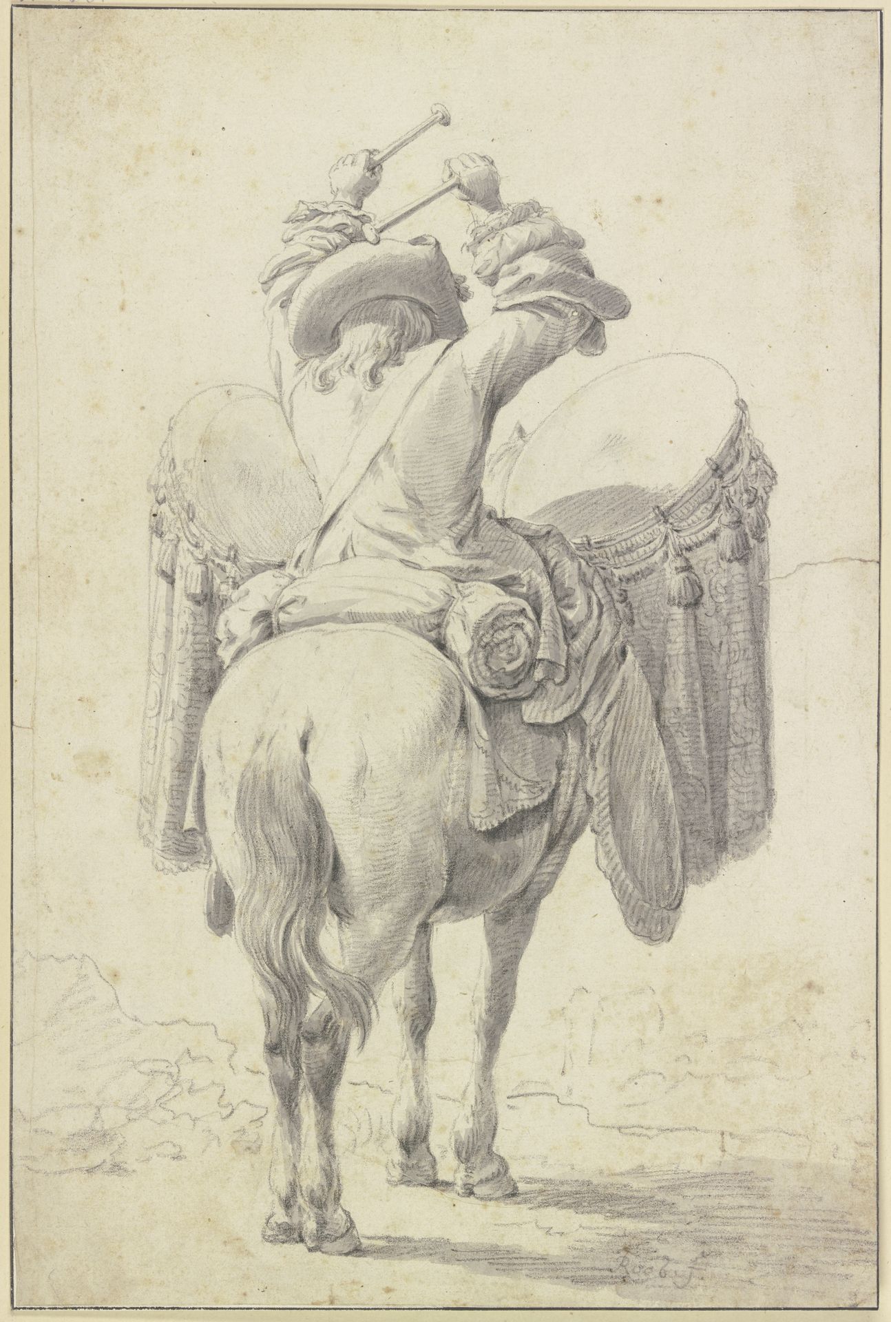 Ein Trommler zu Pferde in Rückenansicht by Theodor Roos