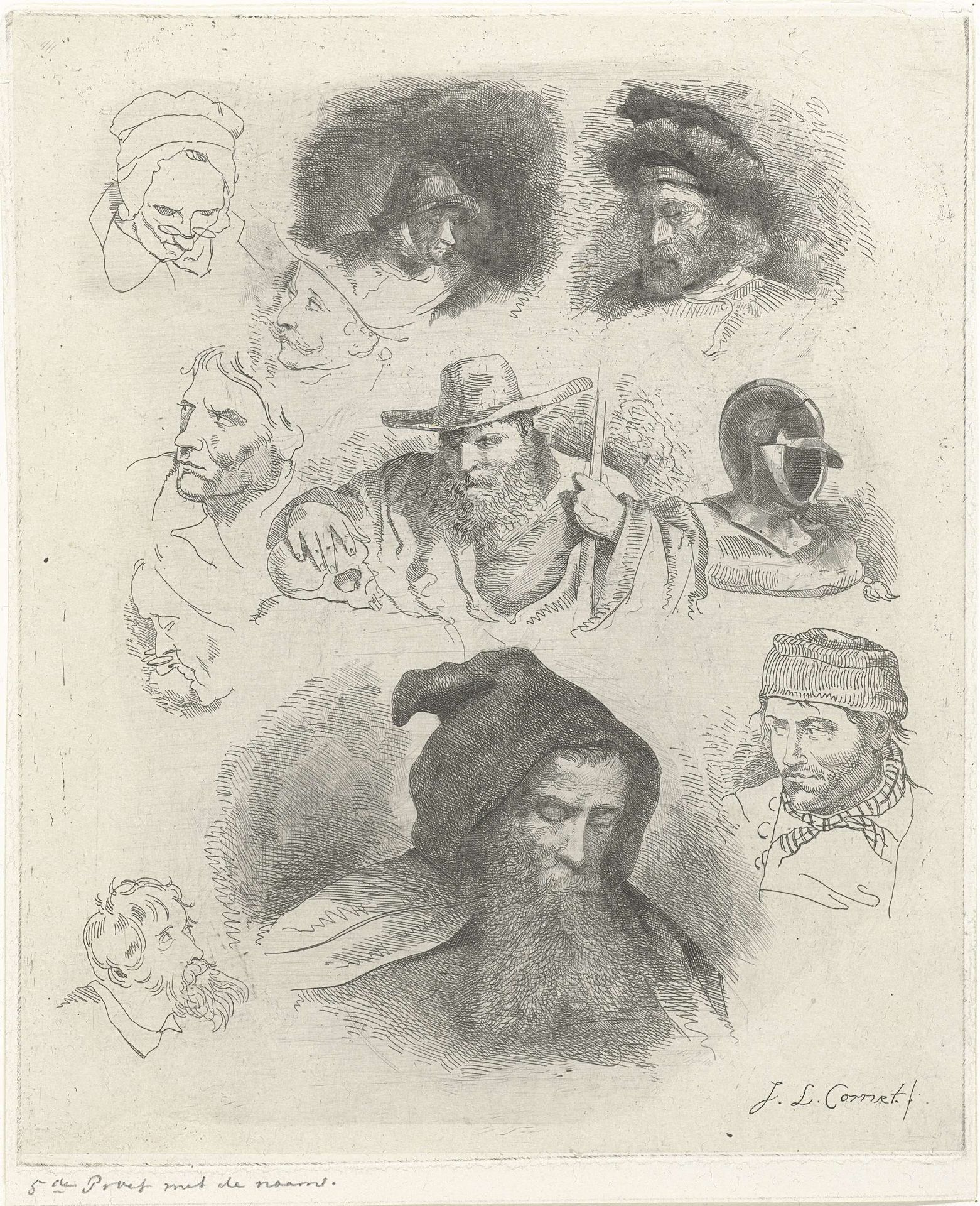 Portretstudie van verschillende hoofden by Jacobus Ludovicus Cornet