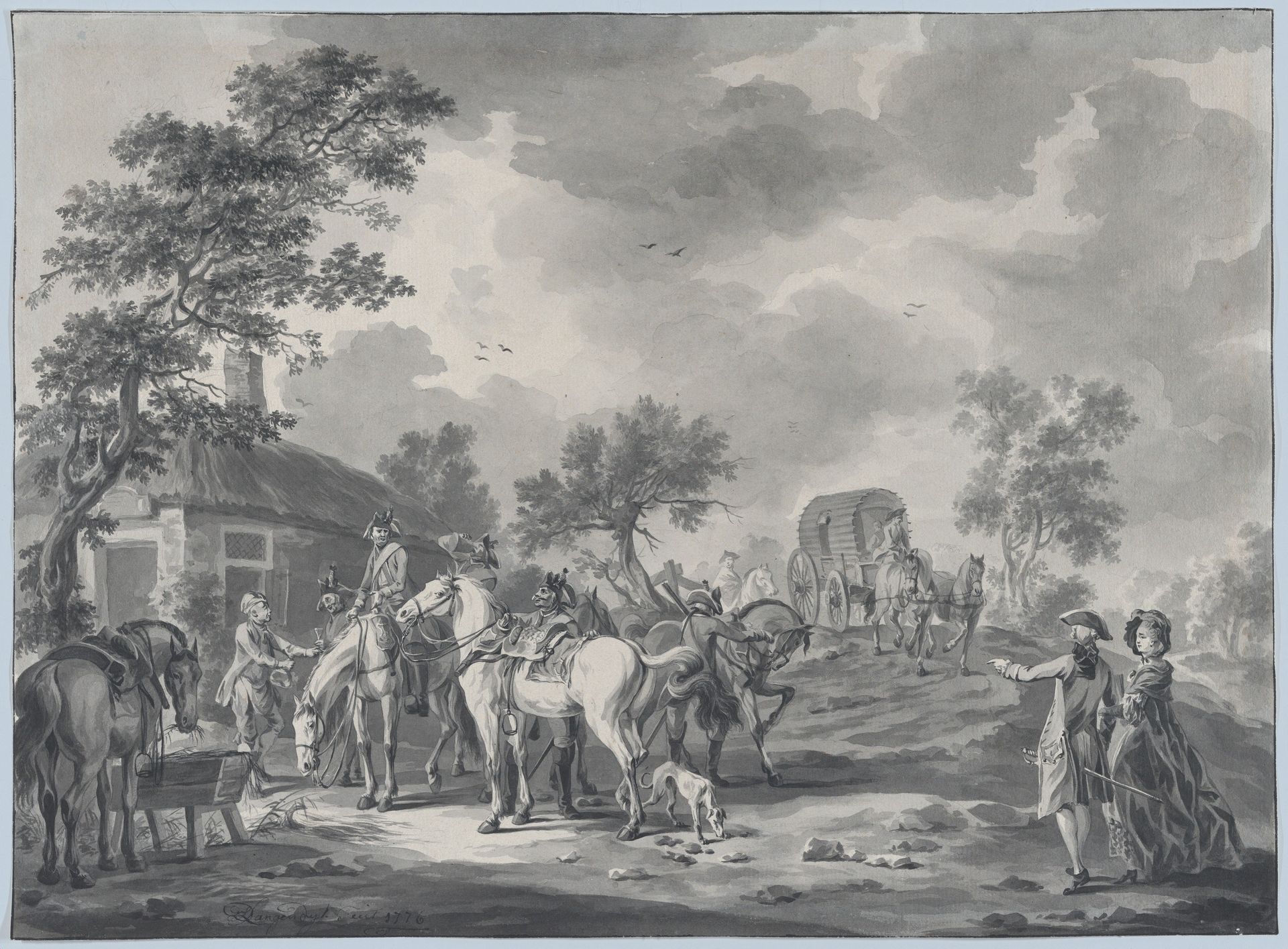 A Gathering of Horsemen and a Coach near a Watering Place by Dirk Langendijk