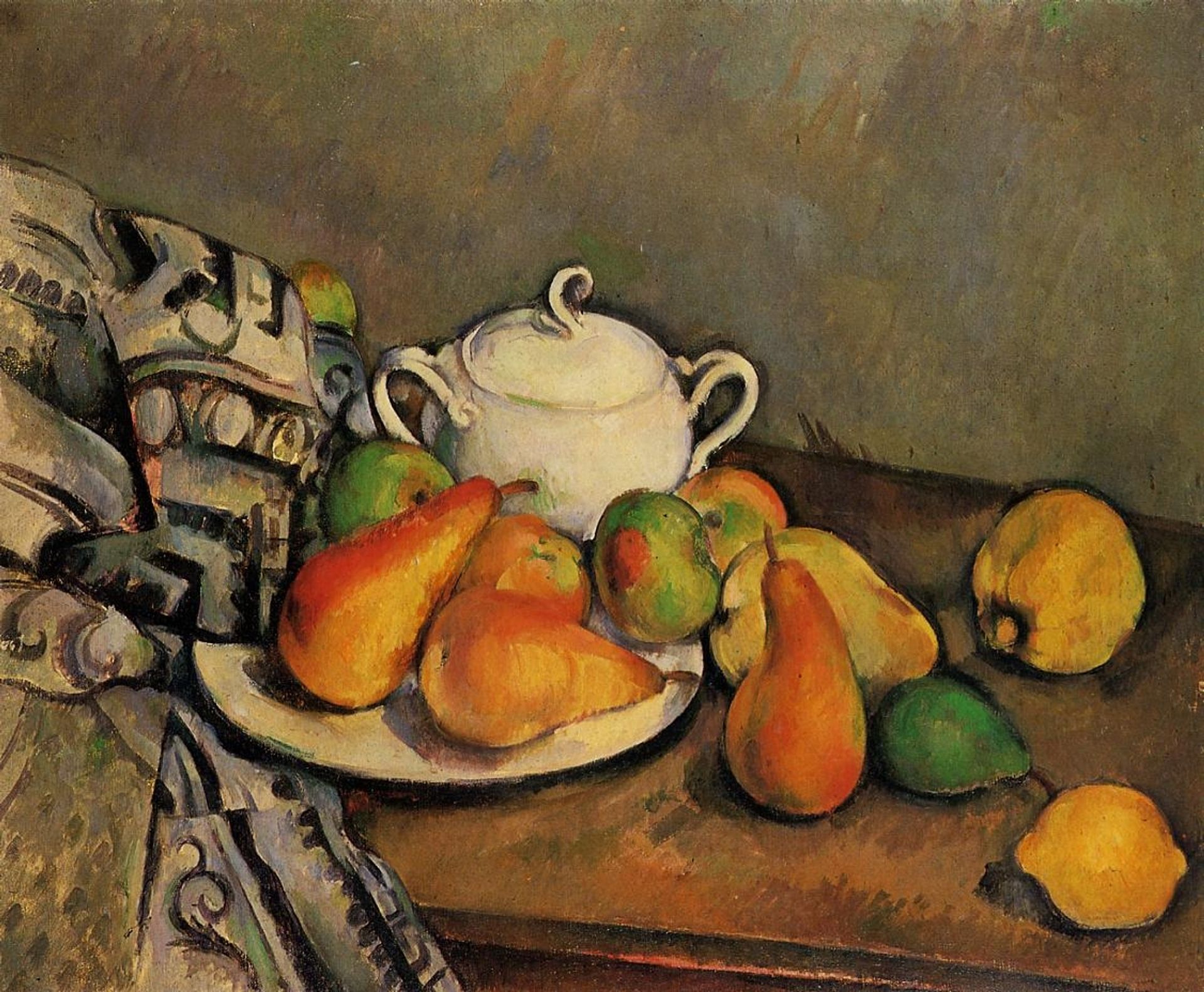 Sugarbowl, Pears and Tablecloth by Paul Cézanne