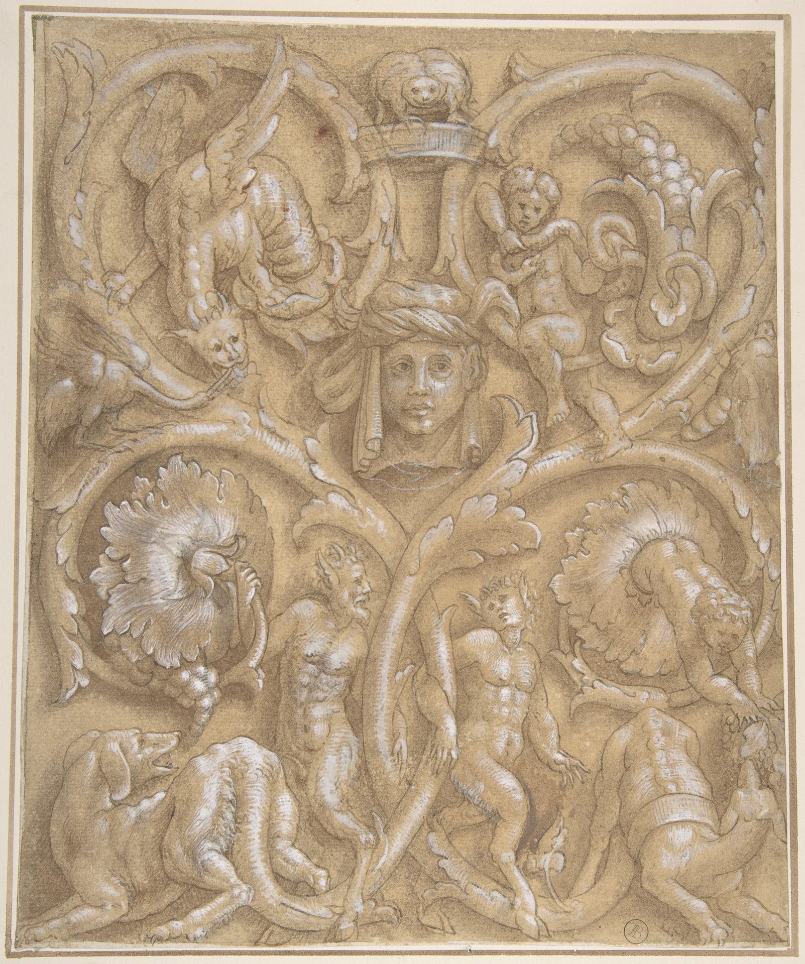 Design for an Ornamental Panel with Rinceaux, Satyrs, Putti, Monsters and a Human Head by Giulio Campi