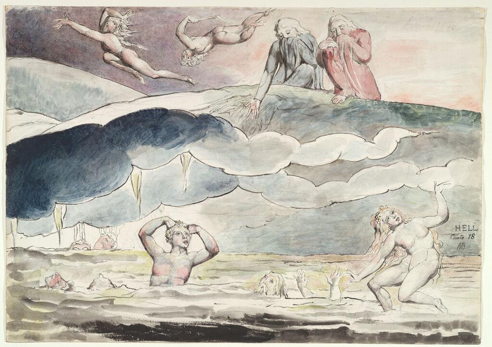 Dante and Virgil Gazing into the Ditch of Flatterers (from Dante's "Divine Comedy") by William Blake