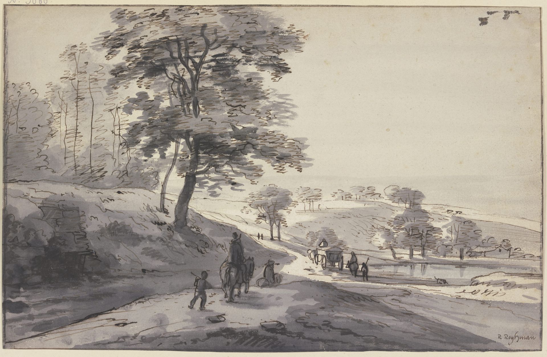 An einem Wasser vorbei über einen Hügel zieht sich ein mit einem Wagen, Reitern und Fußgängern belebter Weg by Roelant Roghman