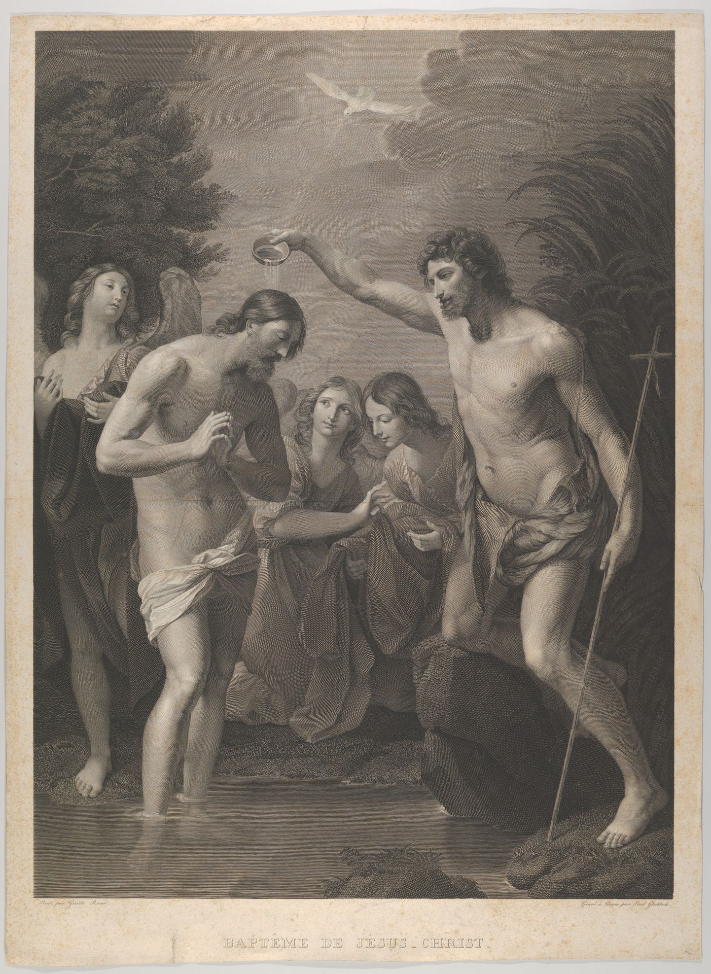 The Baptism of Christ; Saint John the Baptist at right and Christ at left with his hands held together, the Holy Dove above, angels in the background, after Reni by Paul Gleditsch