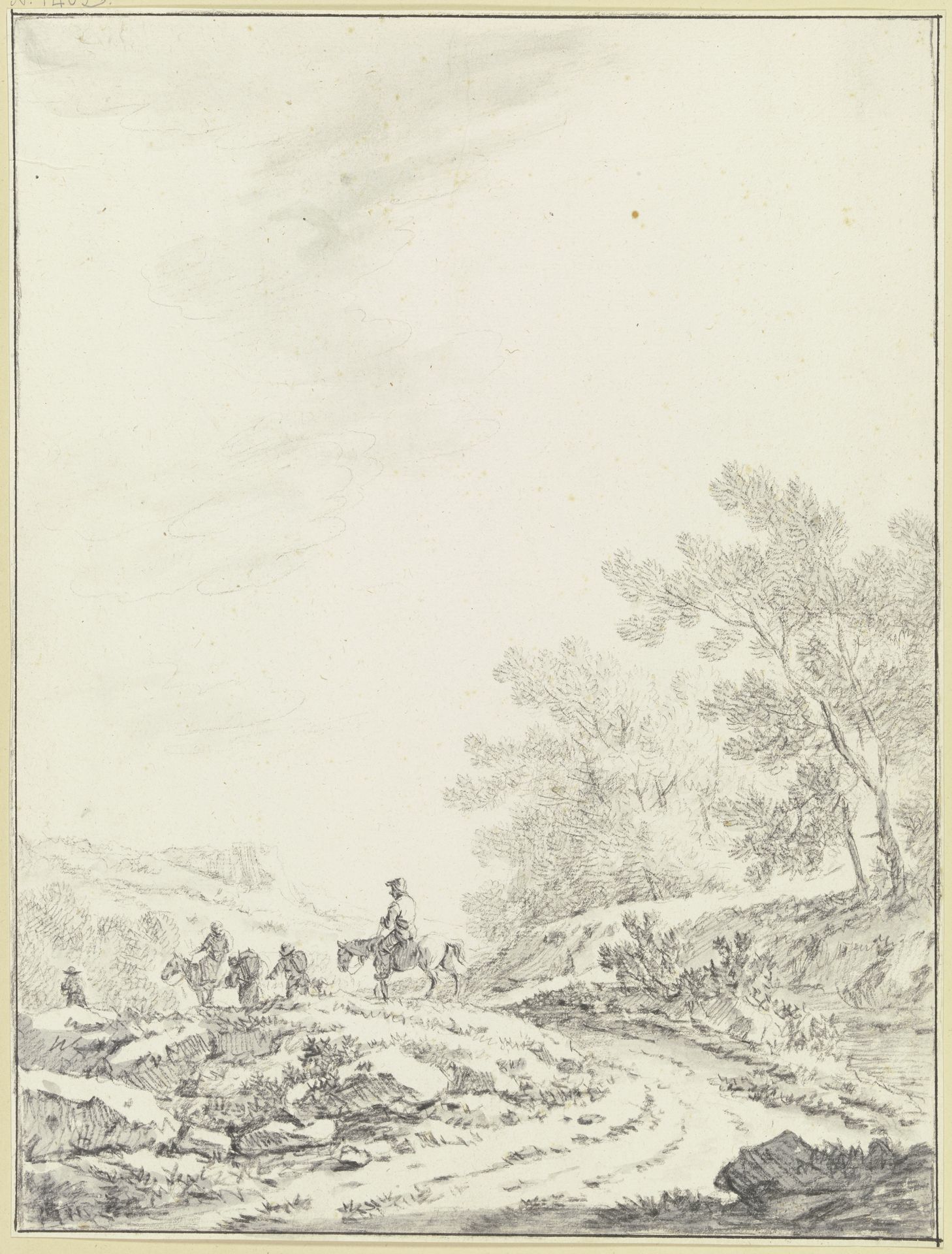 Breiter Weg mit Ausblick in eine offene Landschaft, rechts Buschwerk, links auf dem Weg zwei Reiter und drei Fußgänger by Johann Christoph Dietzsch