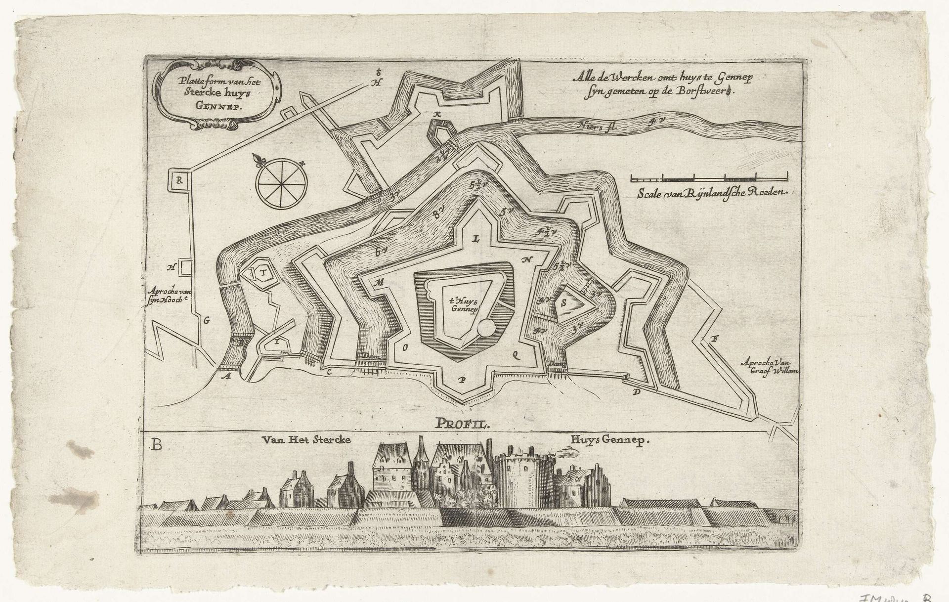 Plattegrond en profiel van het Huis te Gennep, 1641 by Crispijn van de (II) Passe