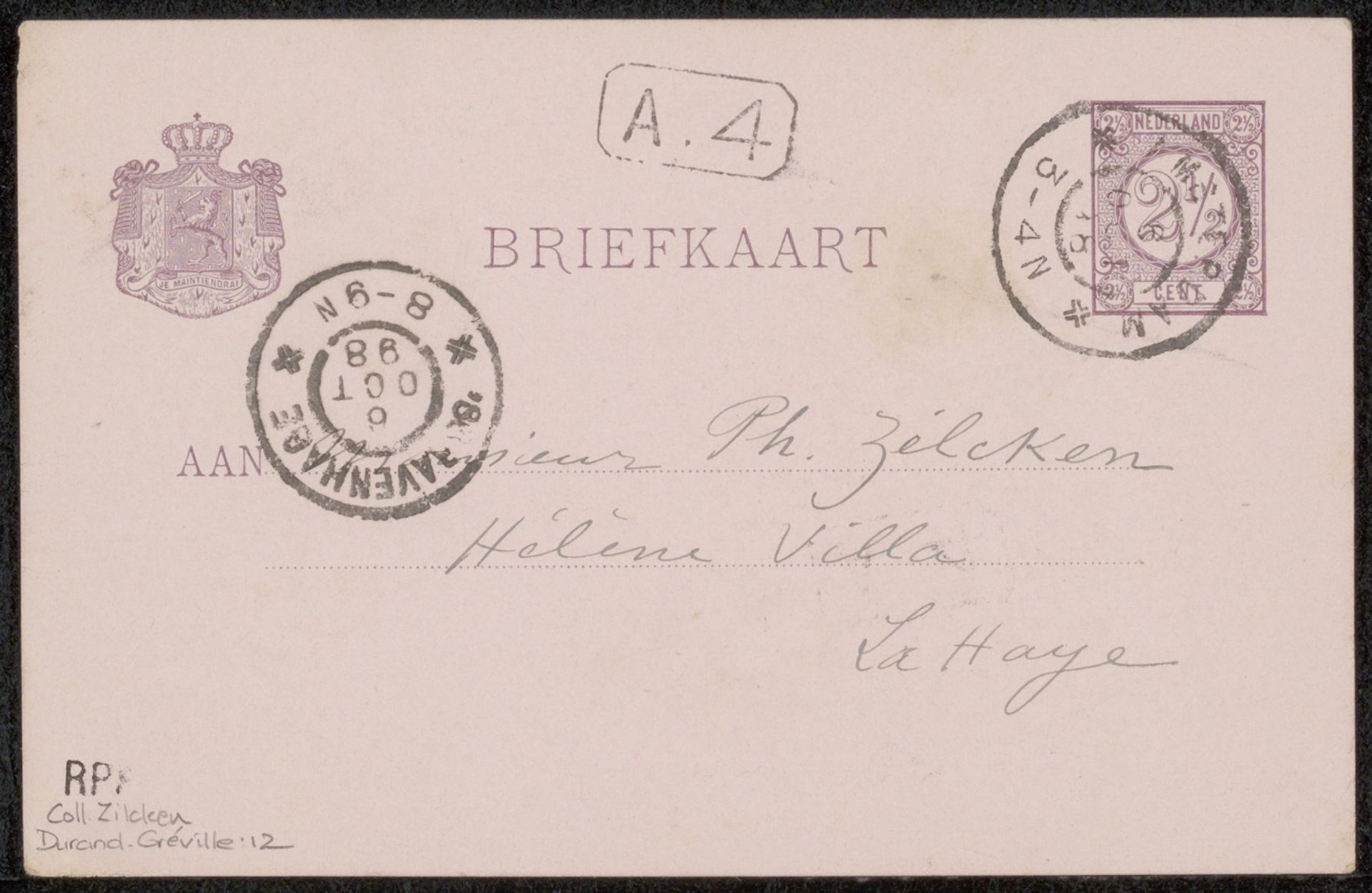 Briefkaart aan Philip Zilcken by Émile Durand-Gréville