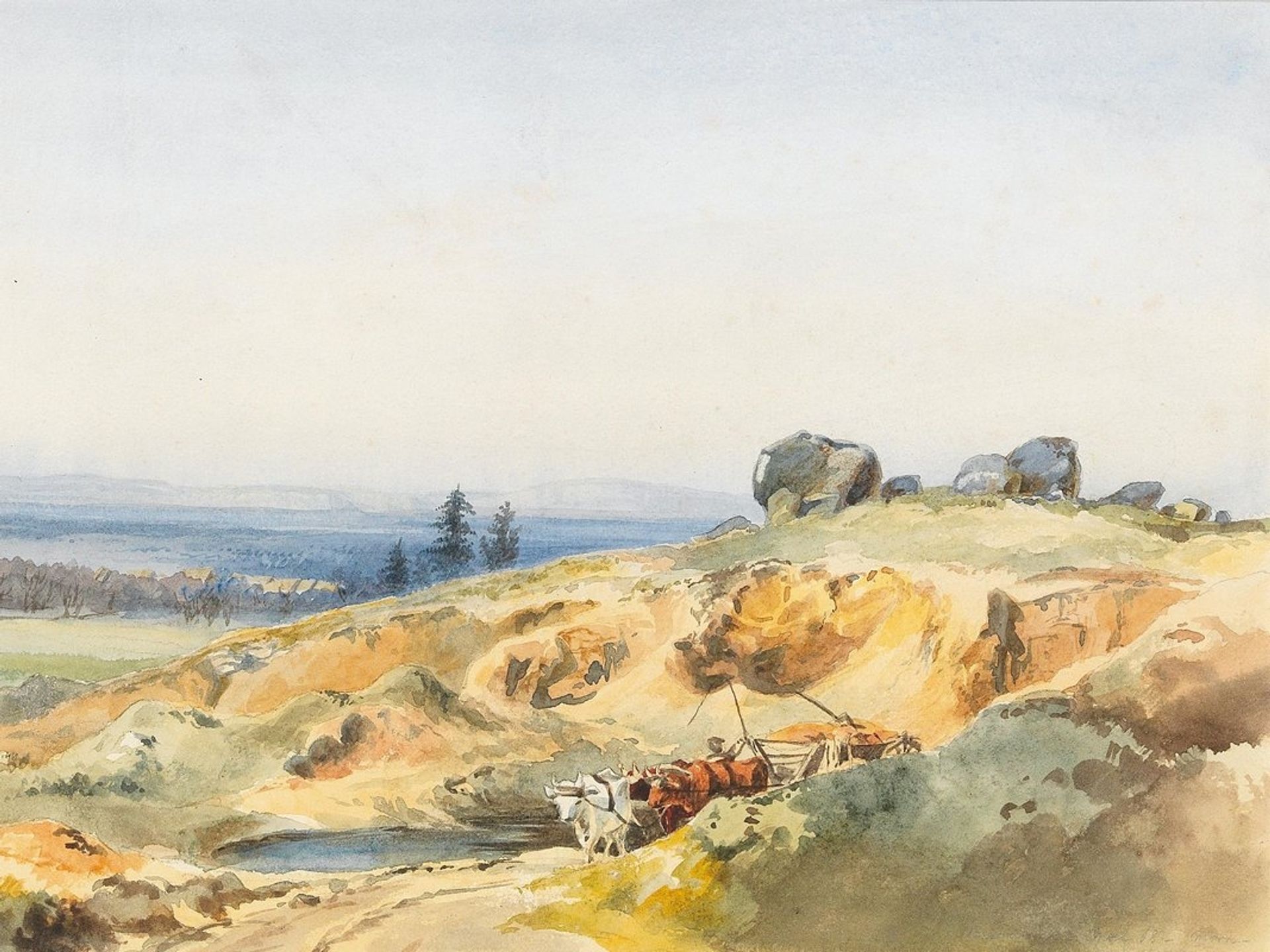 A landscape with a narrow path and an oxcart by Edward Theodore Compton