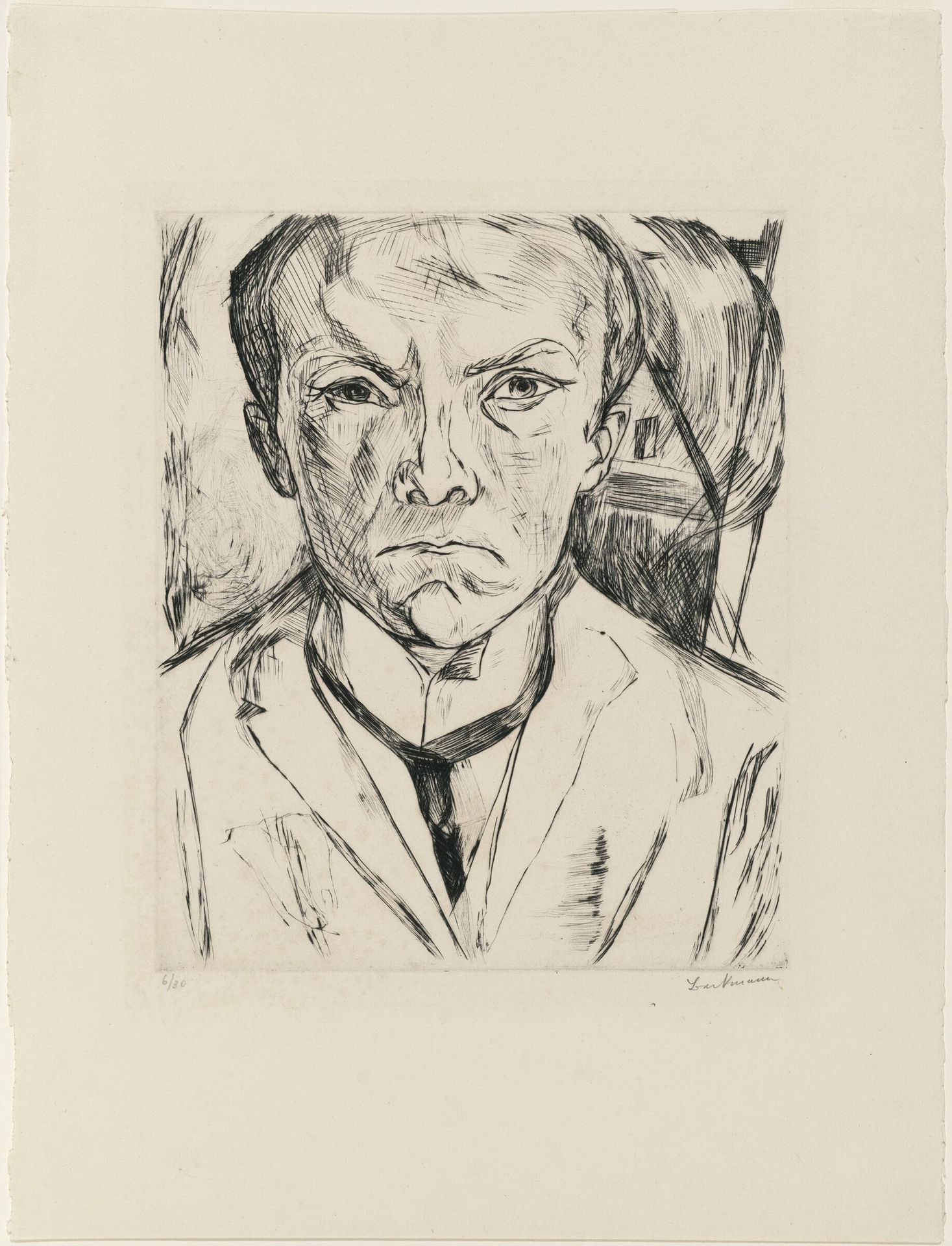 Frontal Self Portrait with House Gable in Background by Max Beckmann