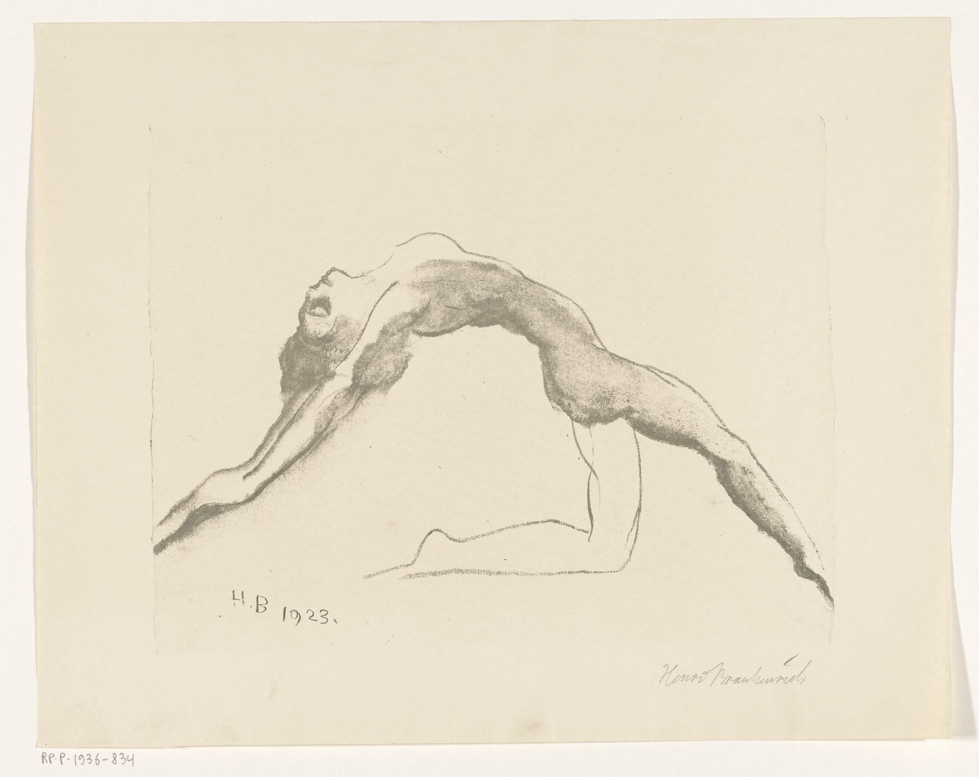 Naakte vrouw die achterover springt by Henri Braakensiek