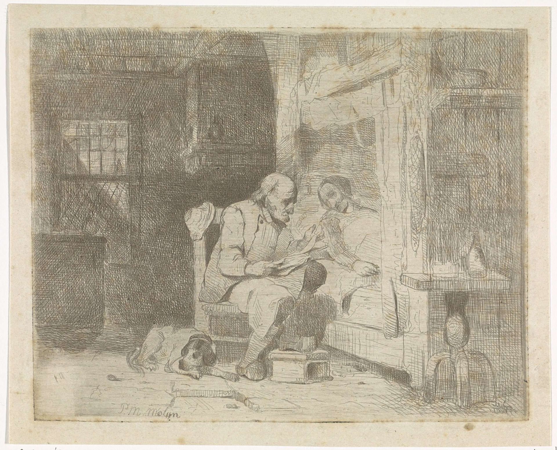 Oude man die zijn vrouw voorleest by Petrus Marius Molijn
